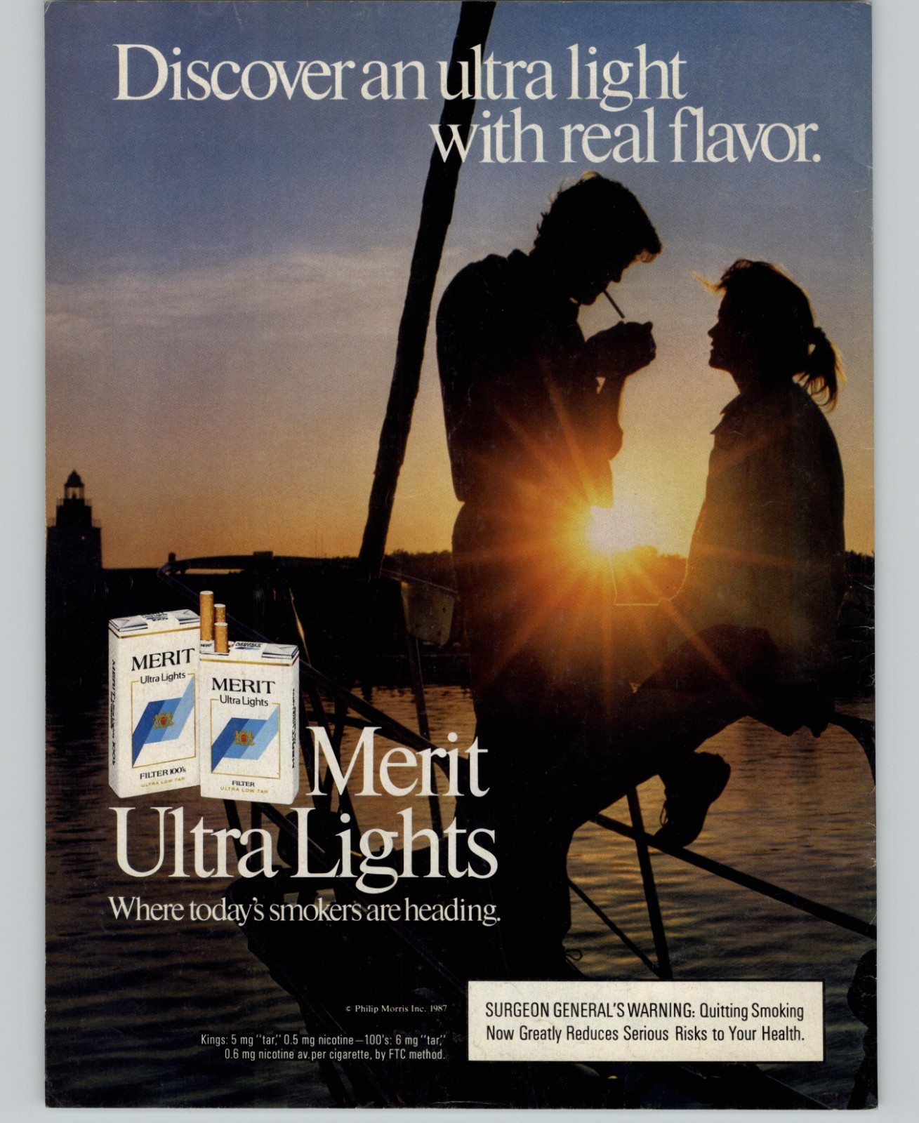 1987 Vintage Print Ad Merit Ulta Lights Cigarettes Sunset Smoking Couple Boat 