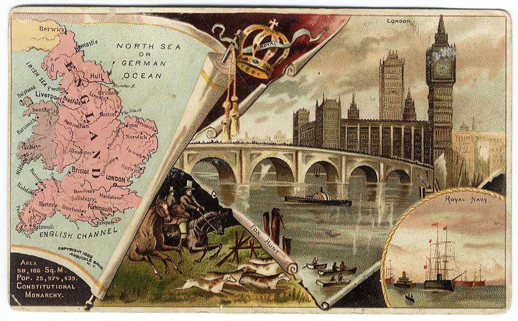 England Map ARBUCKLE'S COFFEE 1889 Victorian Trade Card LONDON Fox Hunt NAVY England Map ARBUCKLE'S COFFEE 1889 Victorian Trade Card LONDON Fox Hunt NAVY