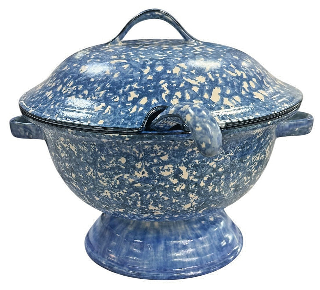 STANGL POTTERY SPONGEWARE BLUE 3-PIECE TUREEN WITH LID AND LADLE