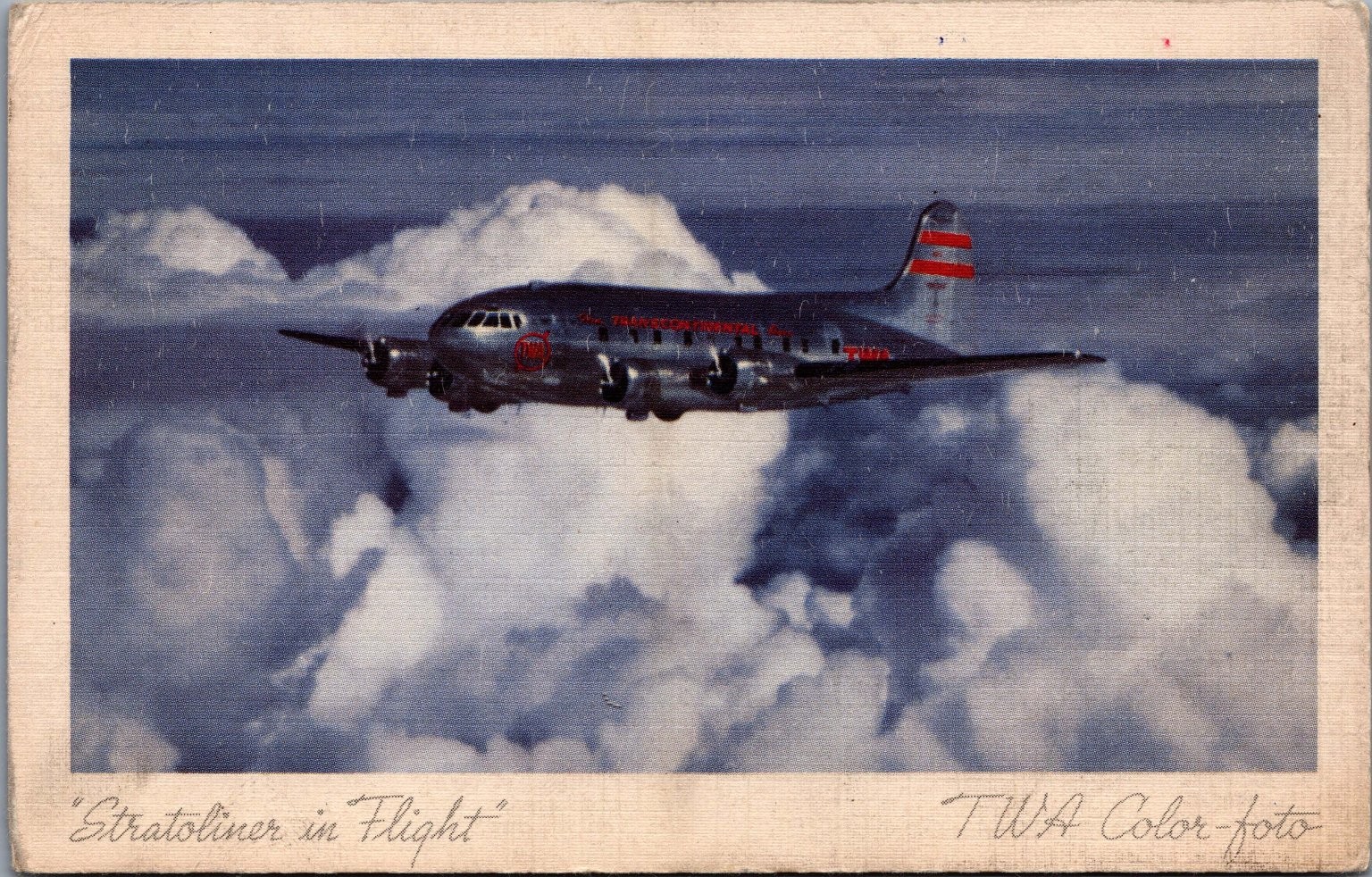Vintage 1941 TWA Stratoliner 4-Engine Airplane in Flight Postcard LITHO Vintage 1941 TWA Stratoliner 4-Engine Airplane in Flight Postcard LITHO