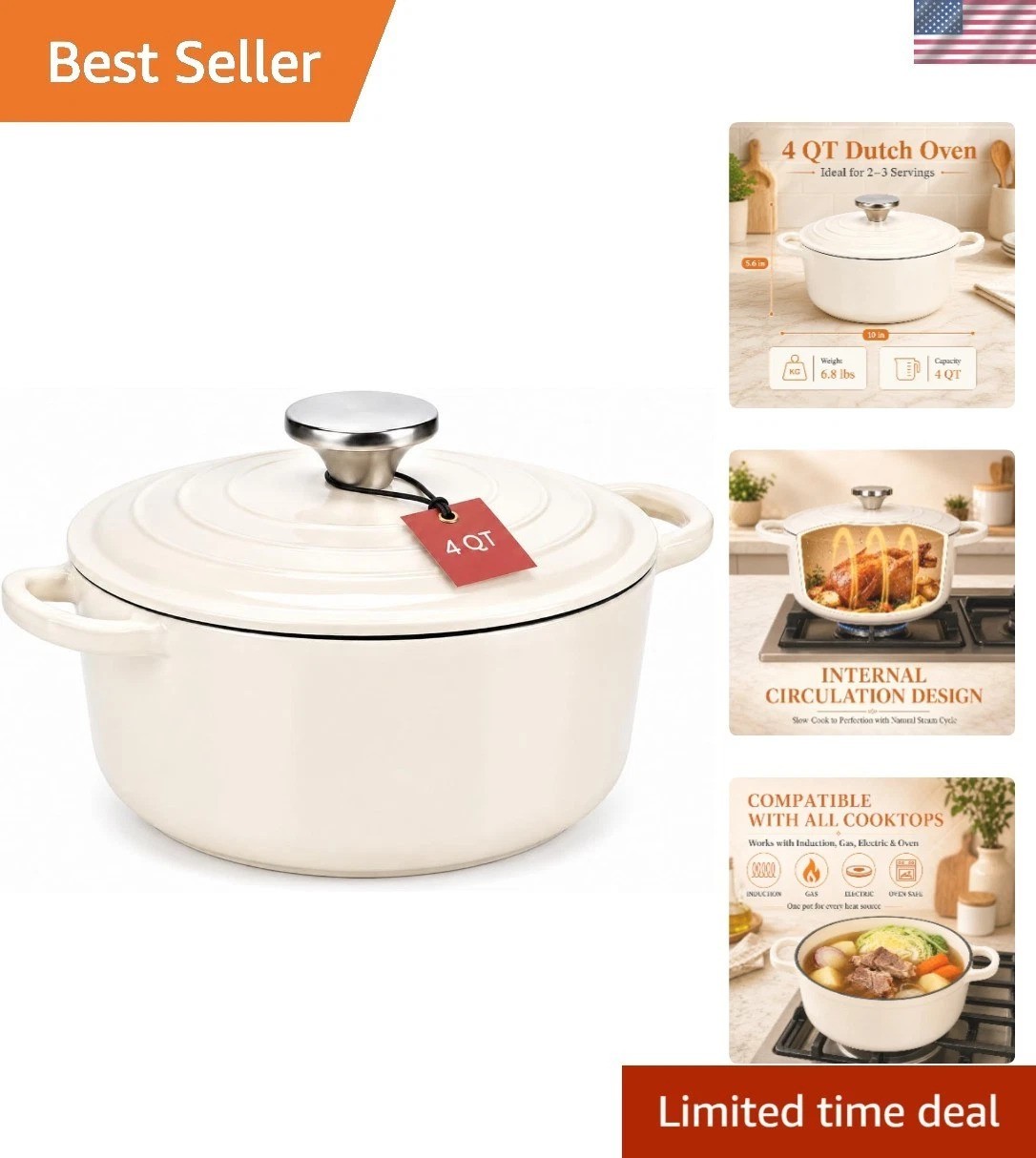 Stylish 4Qt Enameled Cast Iron Dutch Oven with Lid - Elegant Kitchen Essential Stylish 4Qt Enameled Cast Iron Dutch Oven with Lid - Elegant Kitchen Essential