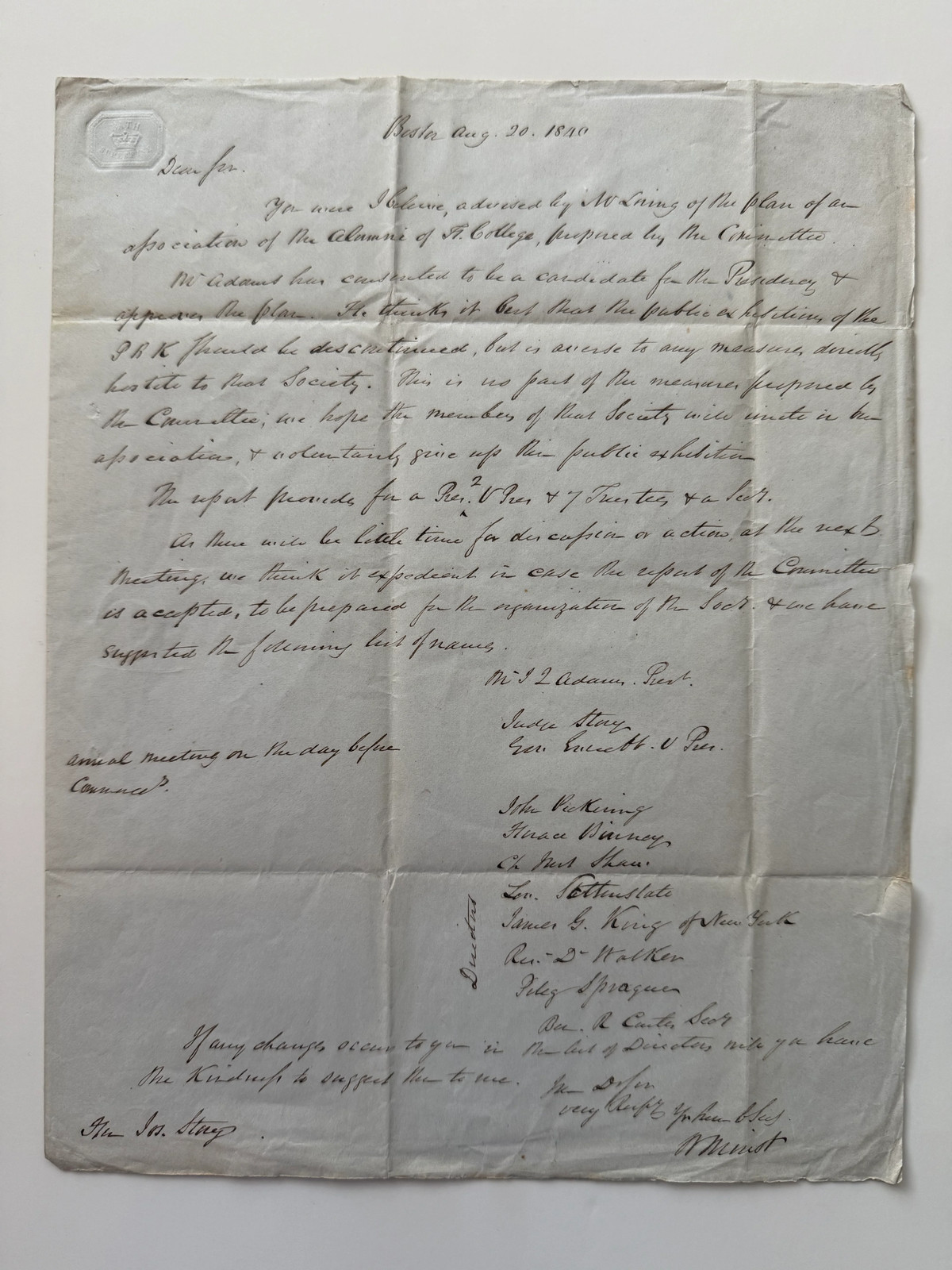 1840 John Quincy Adams Accepts Presidency of the Newly Formed Harvard Alumni