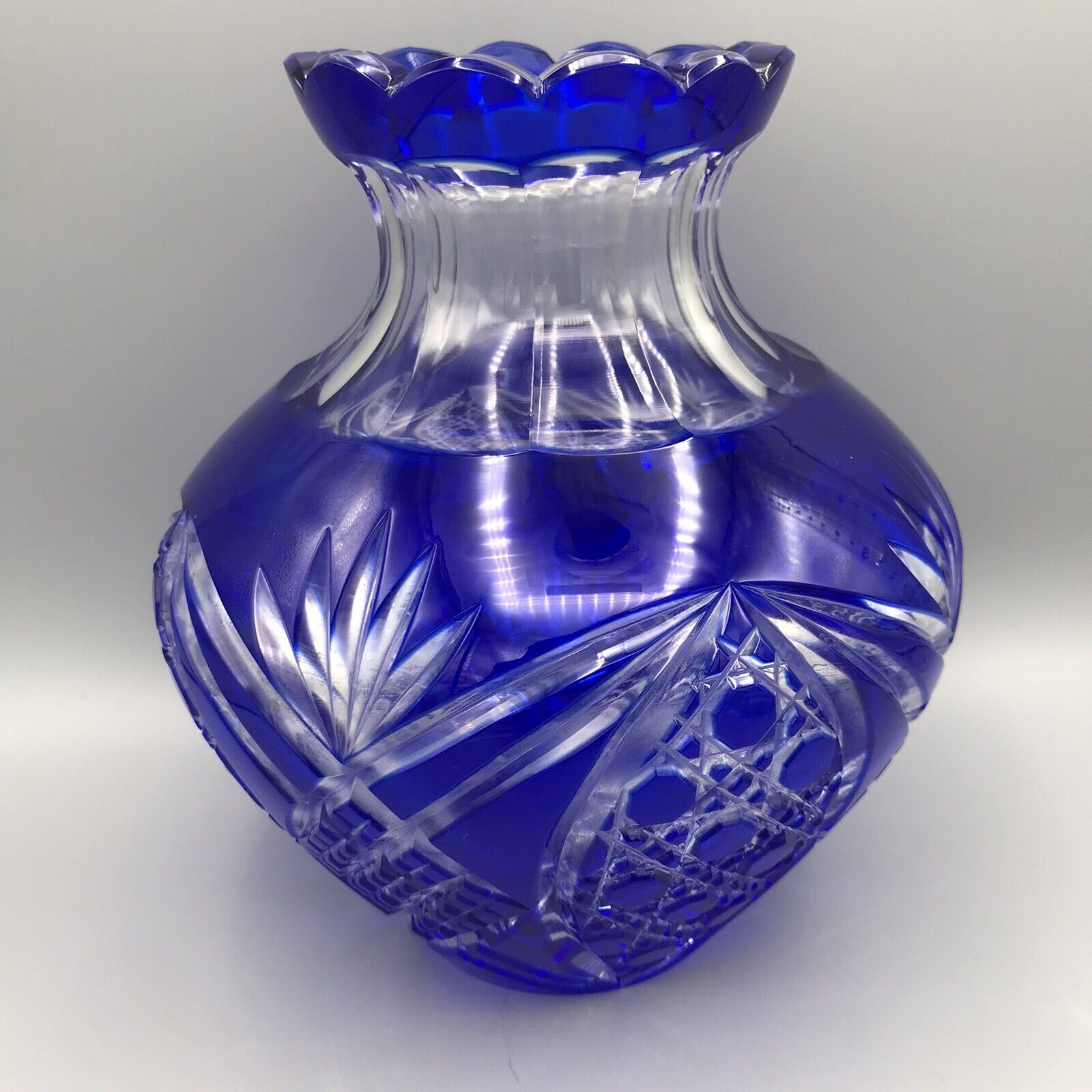 Vintage Cobalt Blue Cut To Clear Glass Vase Czech Bohemian 8” Scalloped Edge