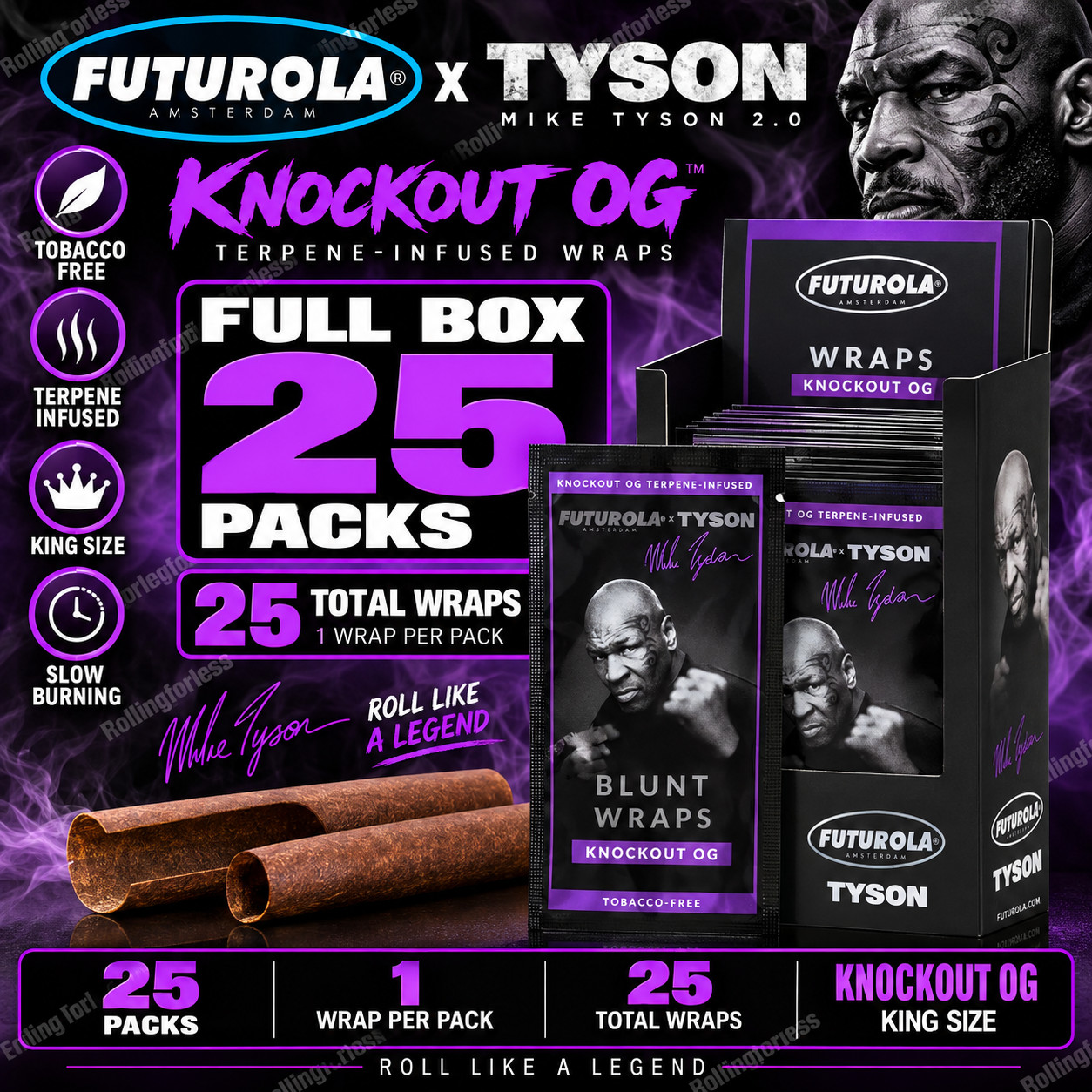 Futurola x Tyson 2.0 Knockout OG Tobacco-Free Wraps Full Box 25 Packs Futurola x Tyson 2.0 Knockout OG Tobacco-Free Wraps Full Box 25 Packs