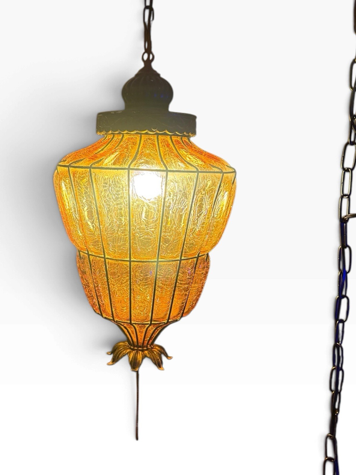 Vintage 1960s Amber Glass Swag Lamp Hollywood Regency Hanging Light Pull Chain