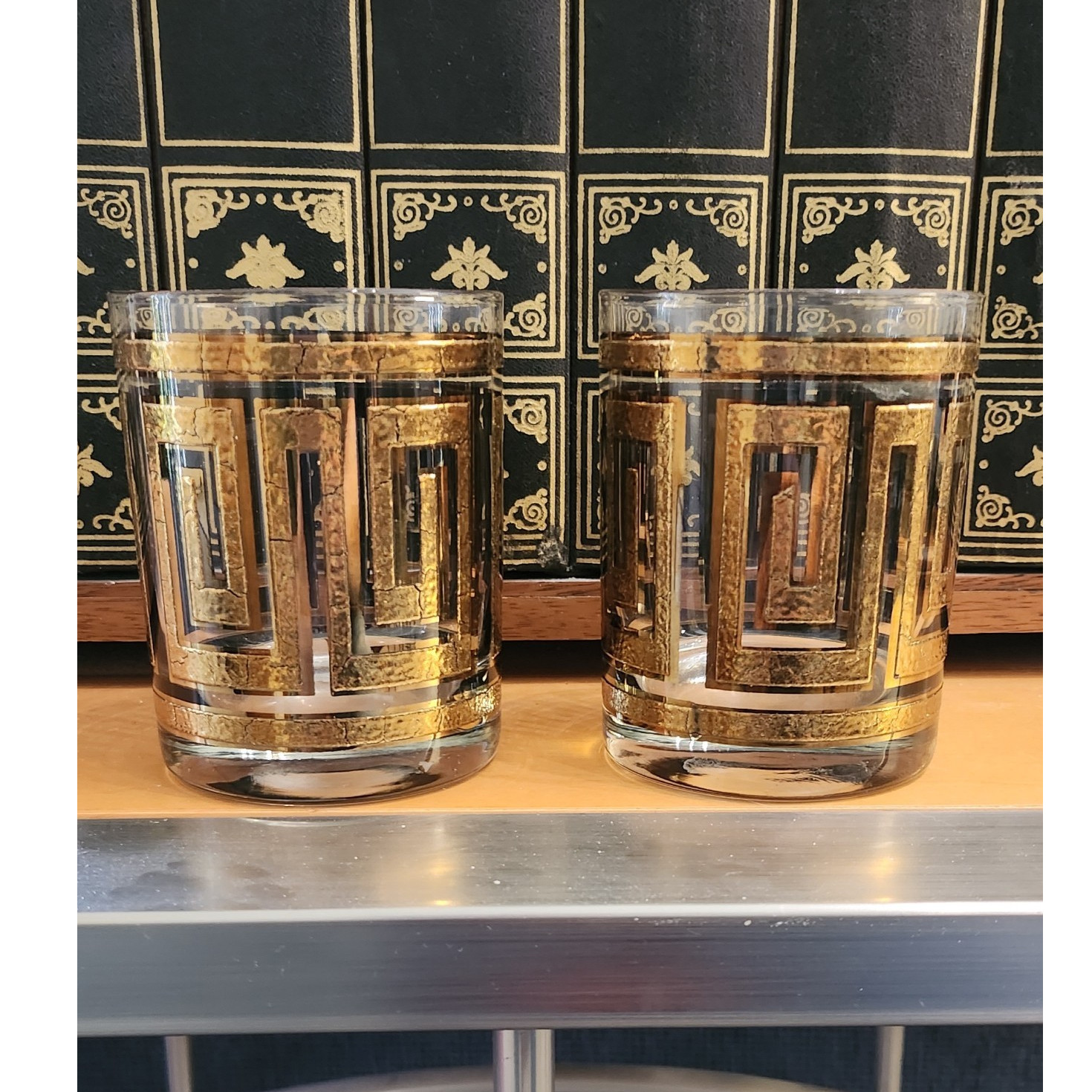 MCM set of 2 Culver brand Greek Key style rocks glasses 22k gold raised pattern MCM set of 2 Culver brand Greek Key style rocks glasses 22k gold raised pattern