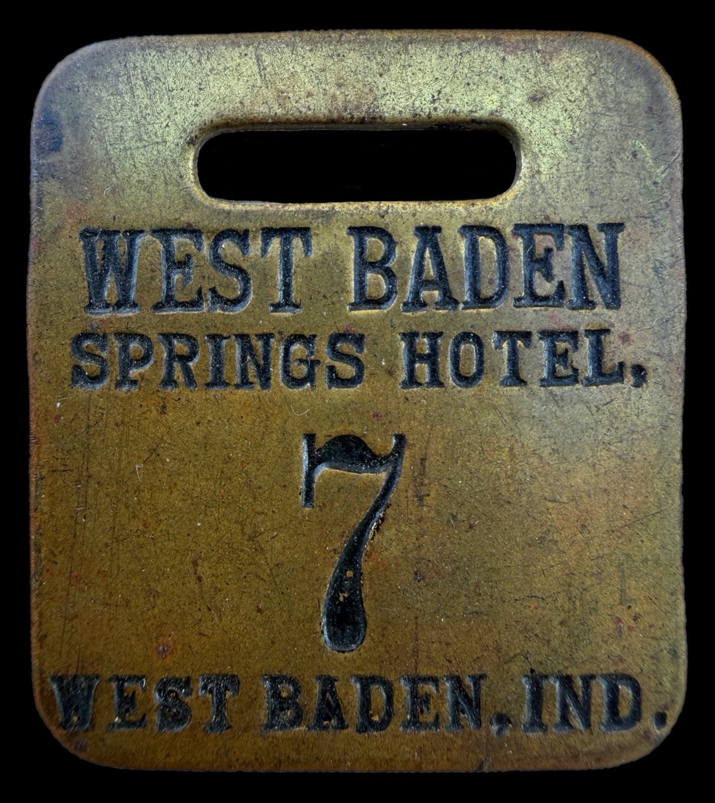 Antique c.1890-1920s West Baden Springs Hotel LUCKY 7 Brass Key Tag Fob Indiana