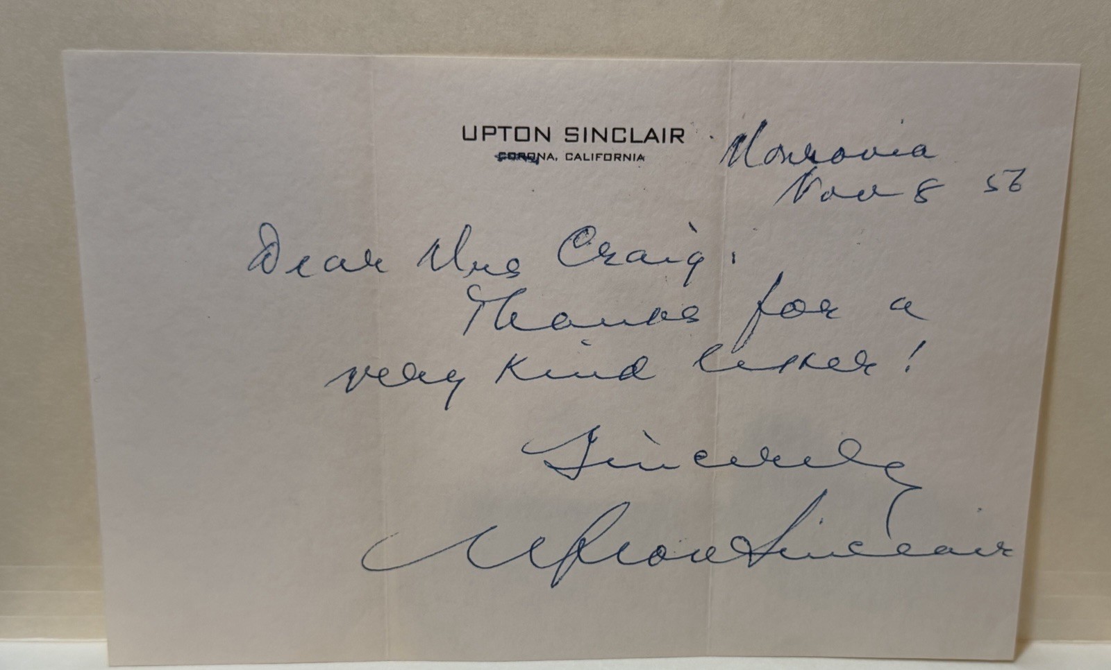UPTON SINCLAIR - AUTOGRAPH LETTER SIGNED 1956 With COA