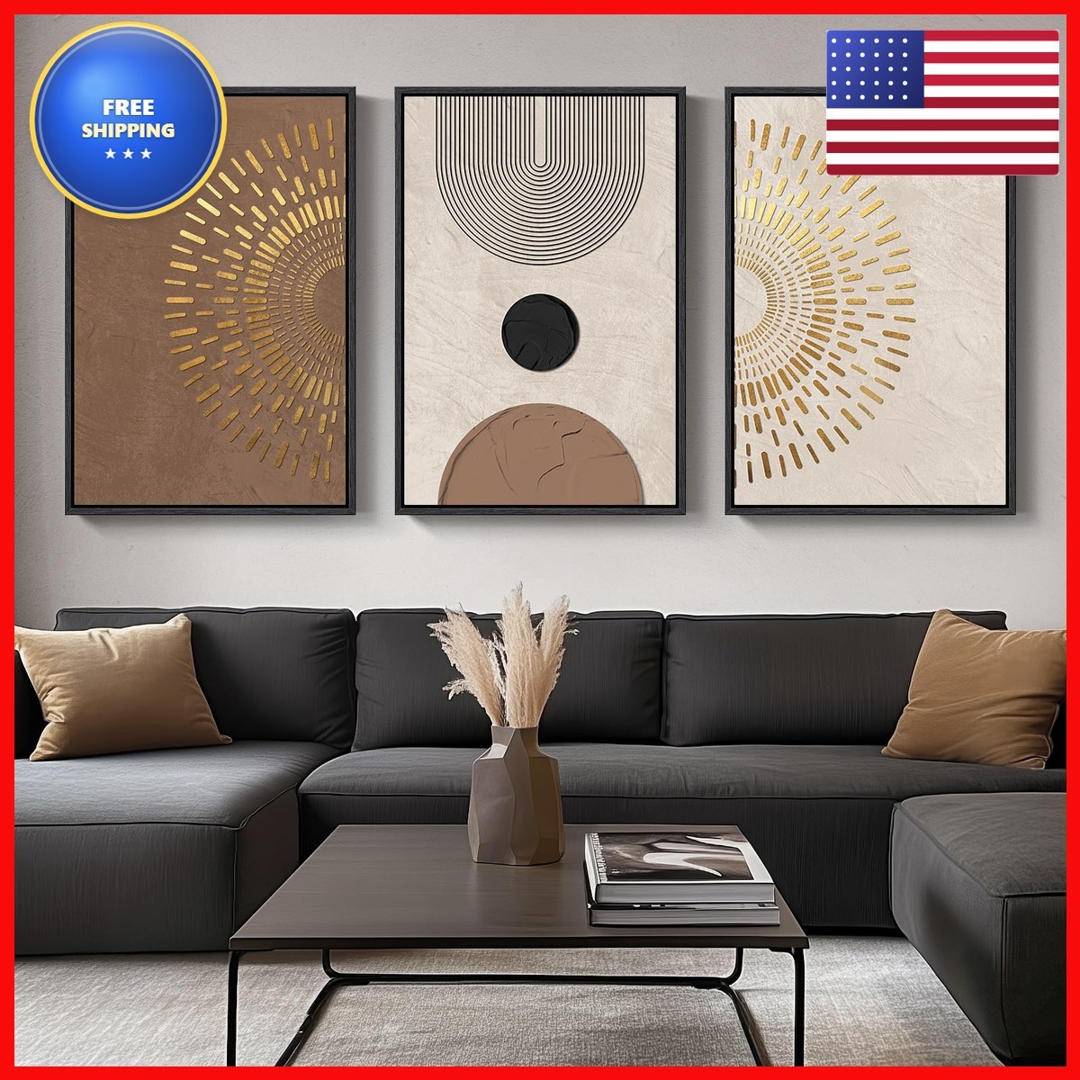 Cuspin Framed Boho Neutral Abstract Wall Art 3 Piece 24x36 for Living Room