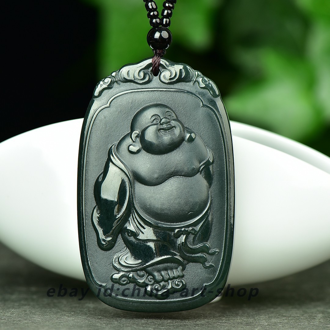 Natural Hetian Gray Nephrite Jade Carved Maitreya Laughing Buddha Pendant G112