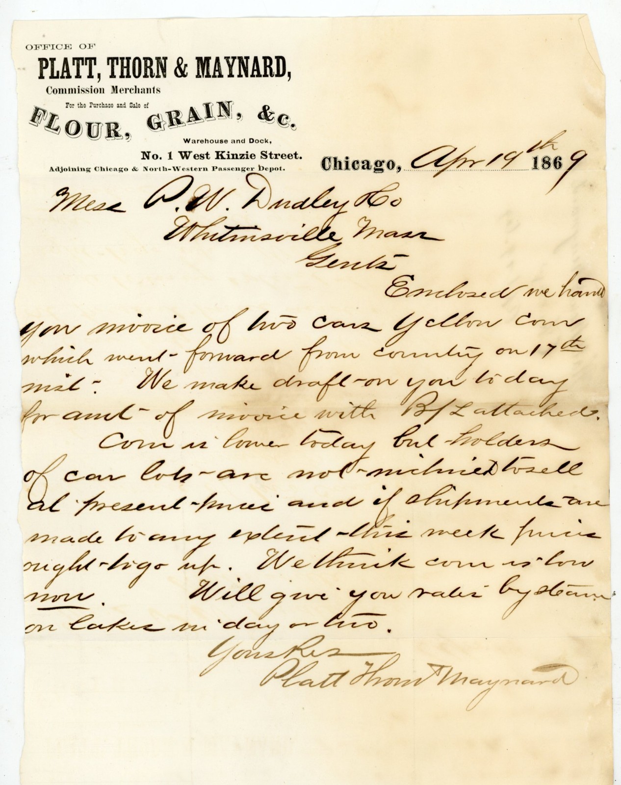 1869 Chicago IL Grain Letter Chicago & North-Western Passenger Depot Signed 1869 Chicago IL Grain Letter Chicago & North-Western Passenger Depot Signed