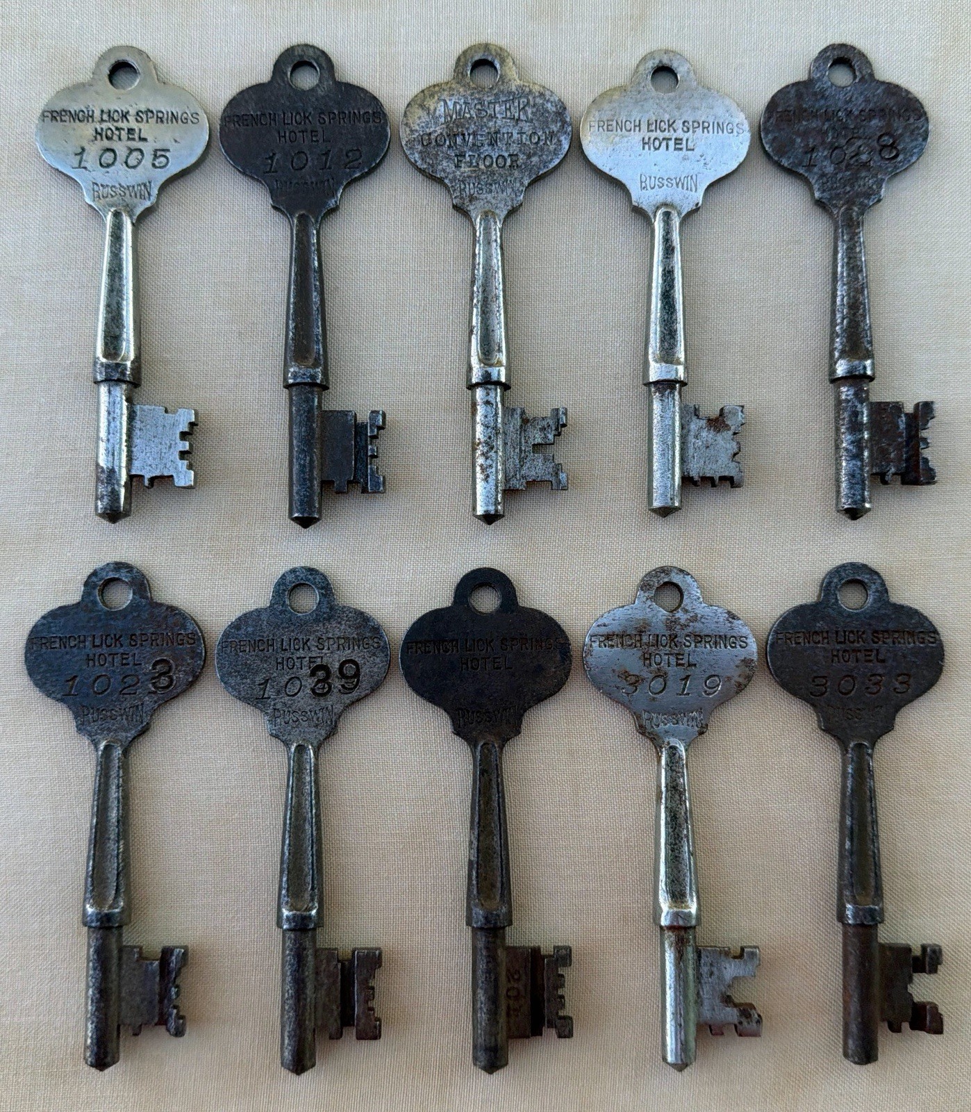LOT OF 10 Antique c. 1930s French Lick Springs Hotel Skeleton Room Keys Indiana