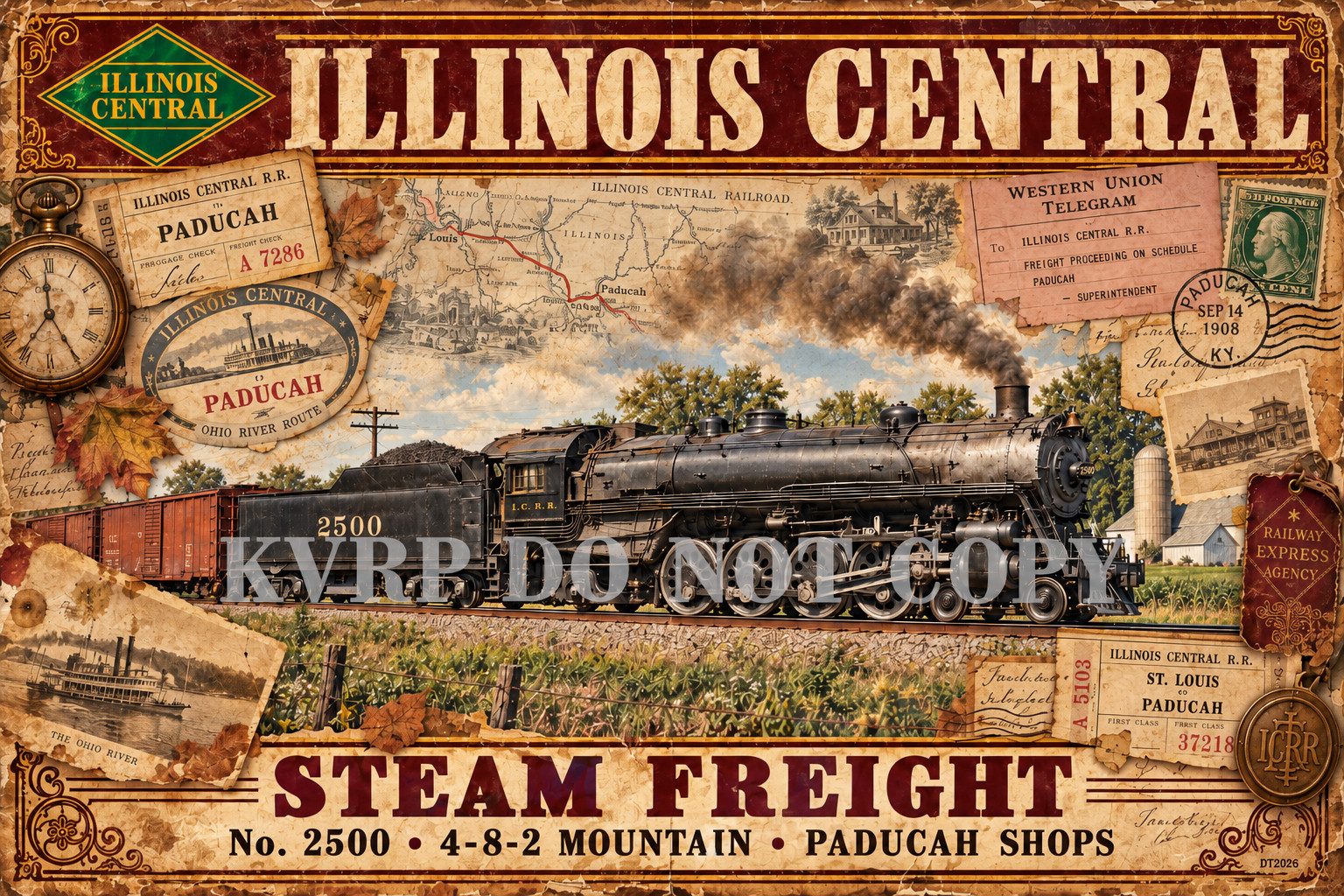 Illinois Central 2500 Steam Locomotive Train Poster 17x11 Unframed