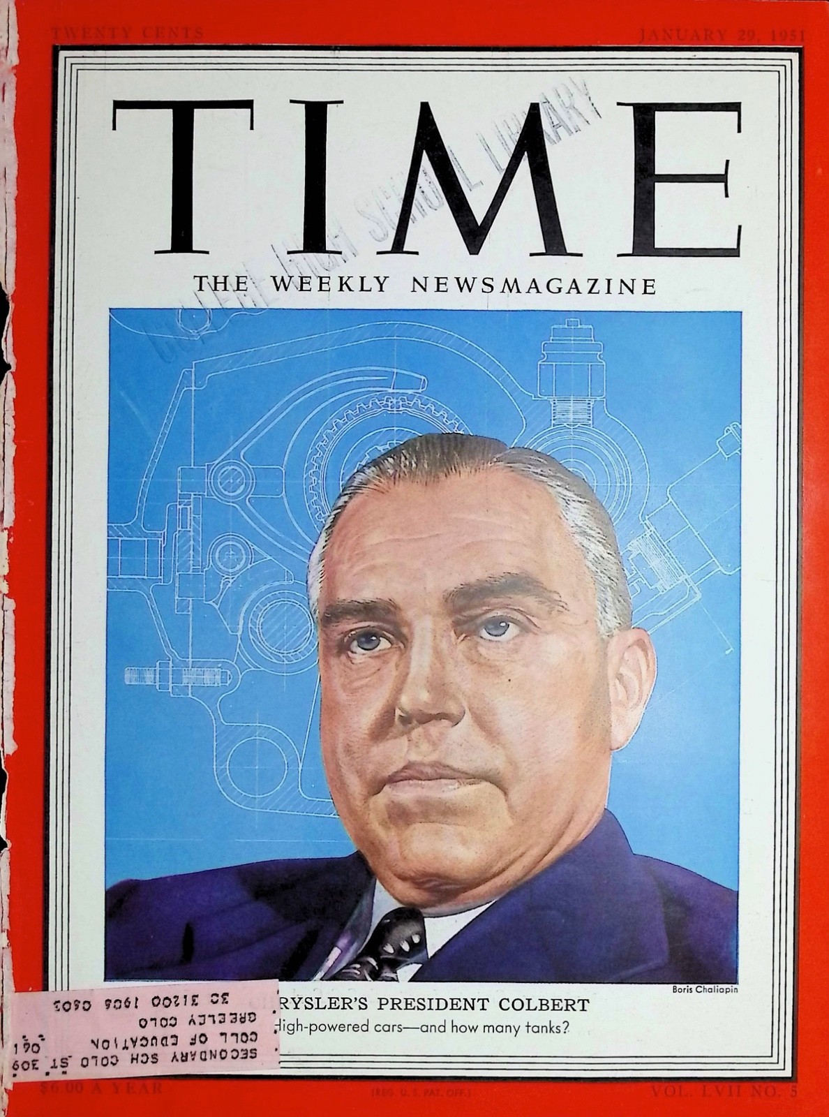 Original Jan 29, 1951 TIME Cover Only: Featuring Lester Lum Colbert
