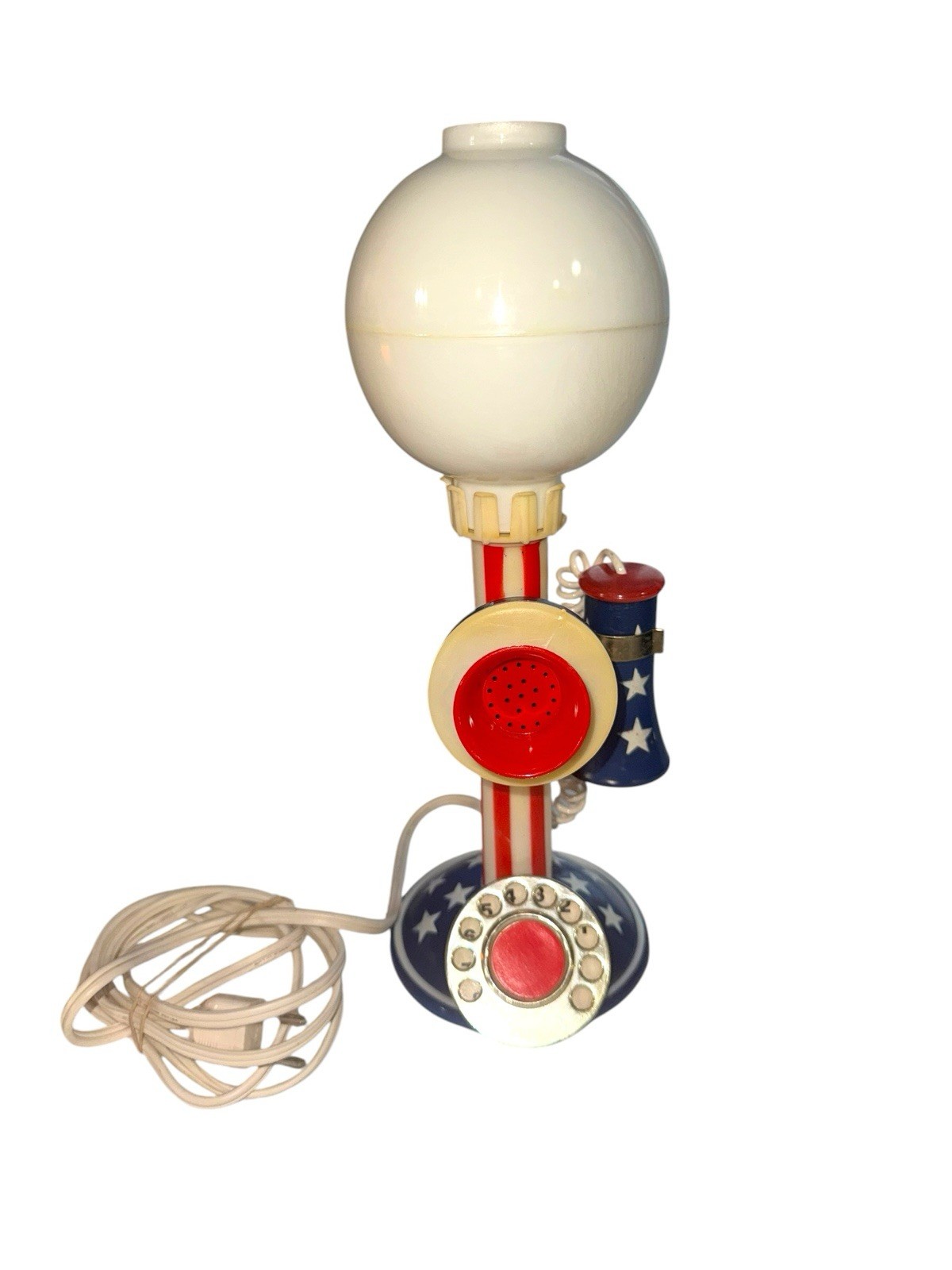 Vintage Rotary Telephone Lamp Red White Blue Coil Cord Mouthpiece Earpiece Stars