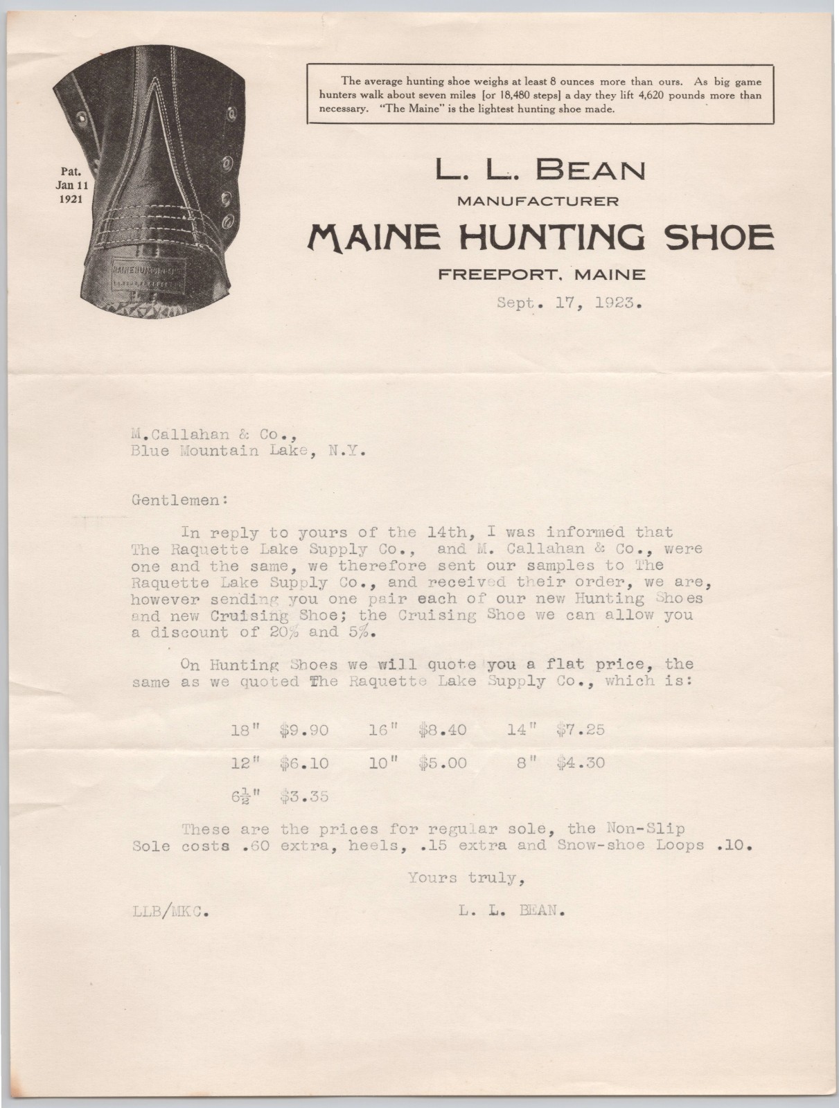 1923 L.L. Bean Freeport ME Maine Hunting Shoe Manufacturer Letterhead BH2-17