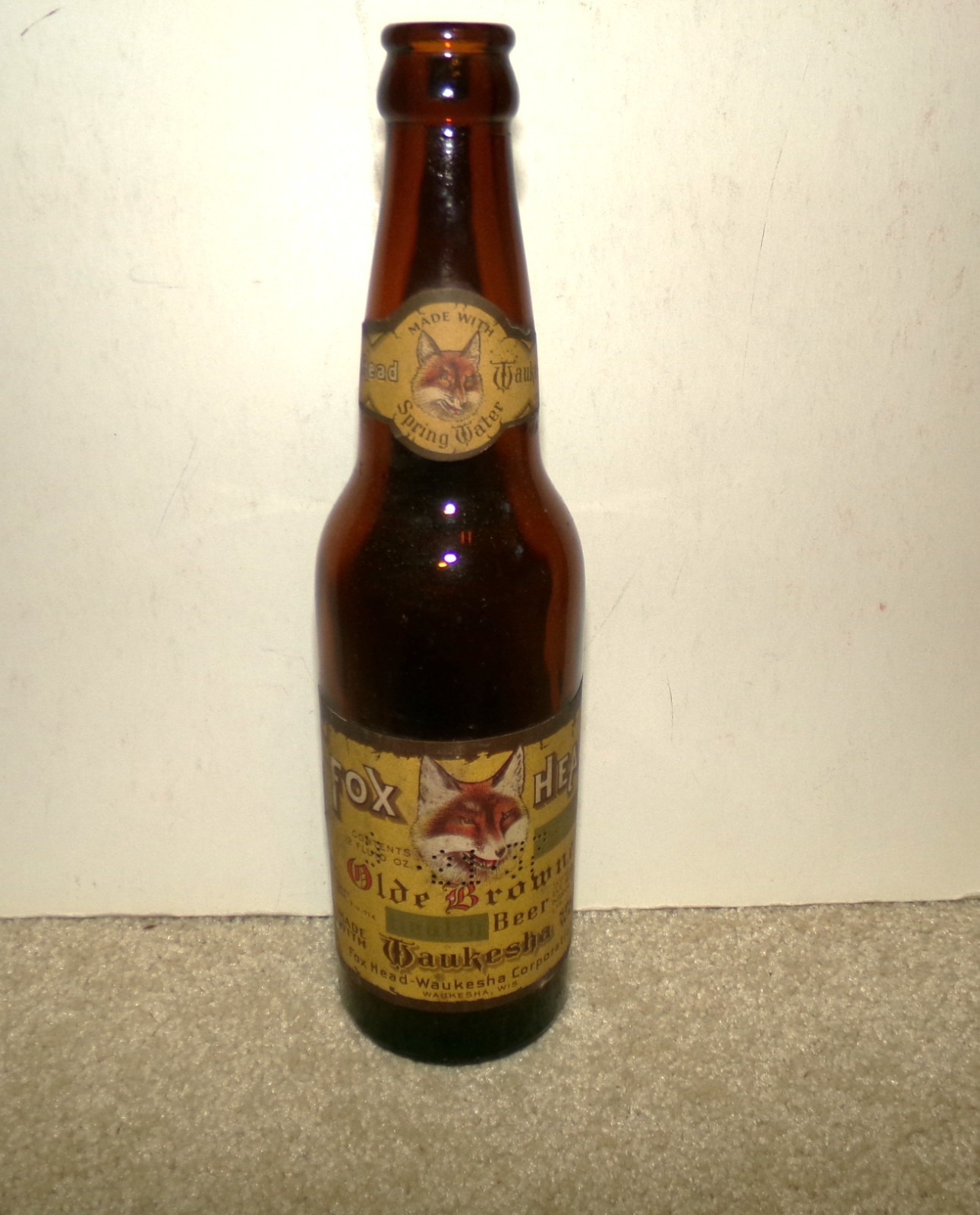 1930's FOX HEAD OLDE BROWNE beer IRTP 12 oz bottle WAUKESHA WISCONSIN