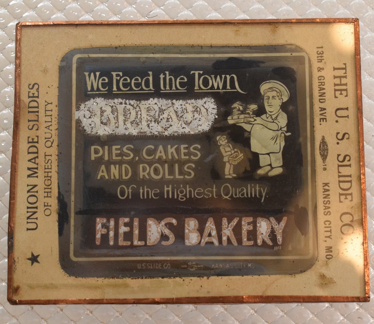 U.S. SLIDE CO. FIELDS BAKERY TRANSPARENCY COPPER FRAME VINTAGE 1913 TO 1925