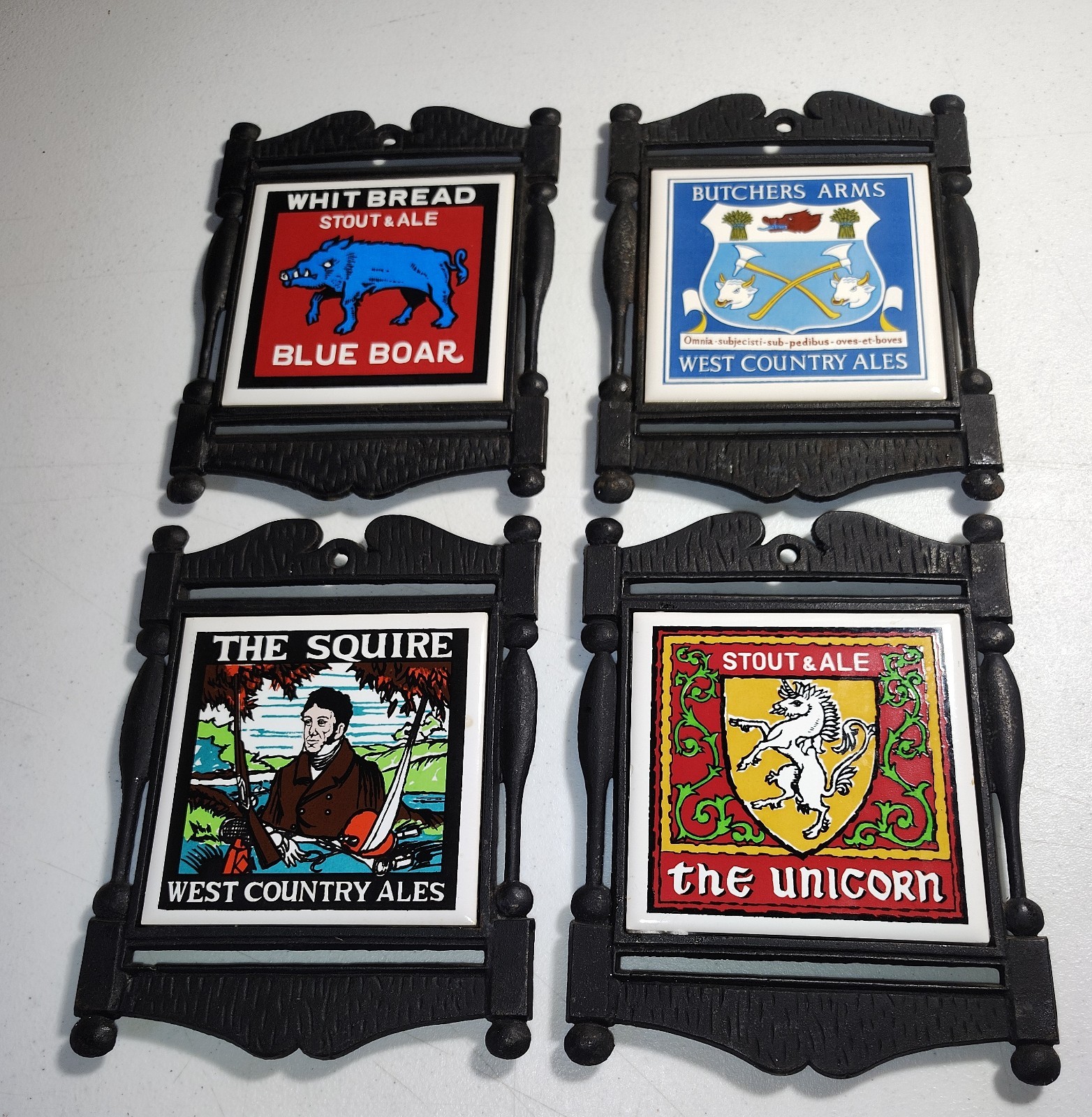 SET of 4 ~ Vintage Stout & Ale ~ Tavern Cast Iron & Ceramic Trivet SET of 4 ~ Vintage Stout & Ale ~ Tavern Cast Iron & Ceramic Trivet