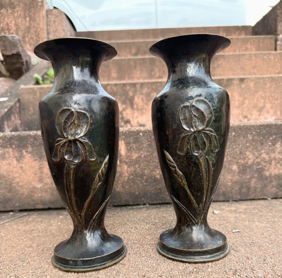 Unique Pair WWI Dark Patina Trench Art Shell Art Nouveau/ Deco Floral Vases Unique Pair WWI Dark Patina Trench Art Shell Art Nouveau/ Deco Floral Vases