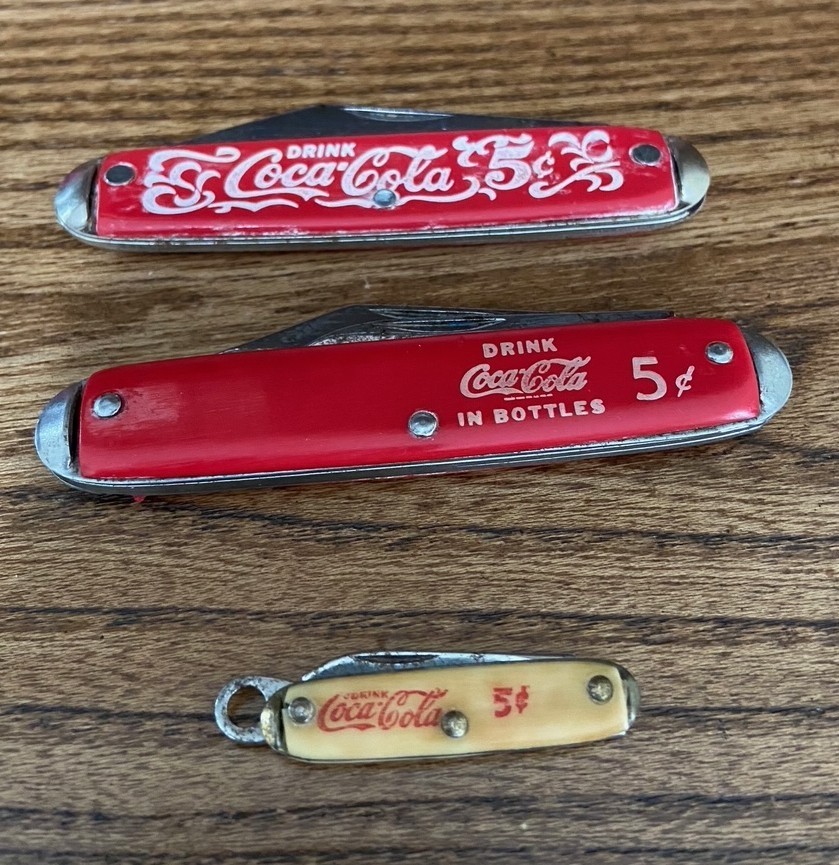 Vintage Coca Cola Pocket Knife Lot of 3: Red, Scrolled & Miniature