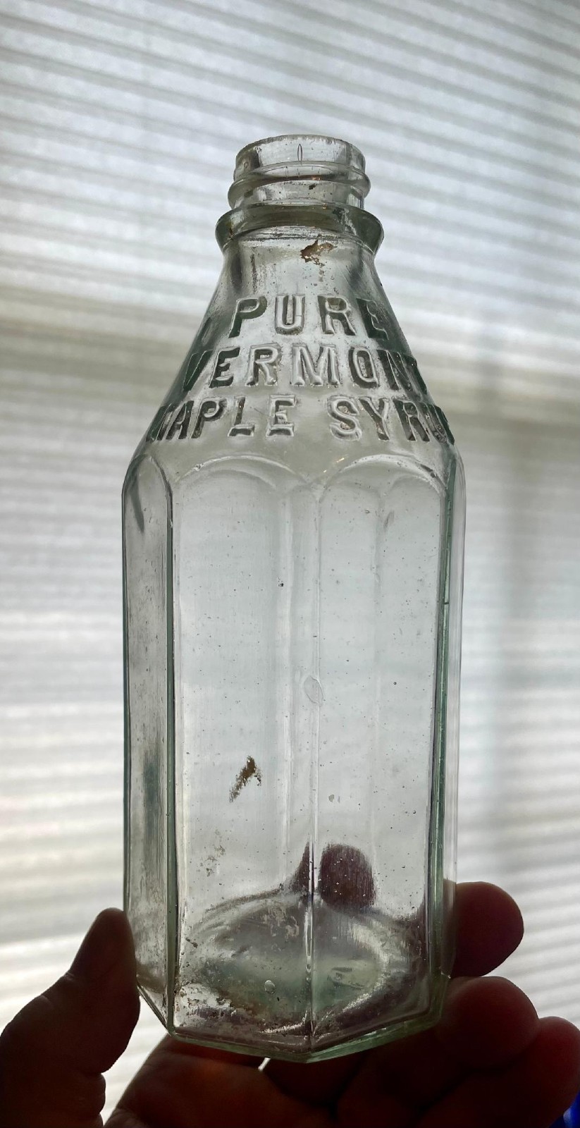 c1890s Rare pint size Pure Vermont Maple Syrup ground lip glass Bottle