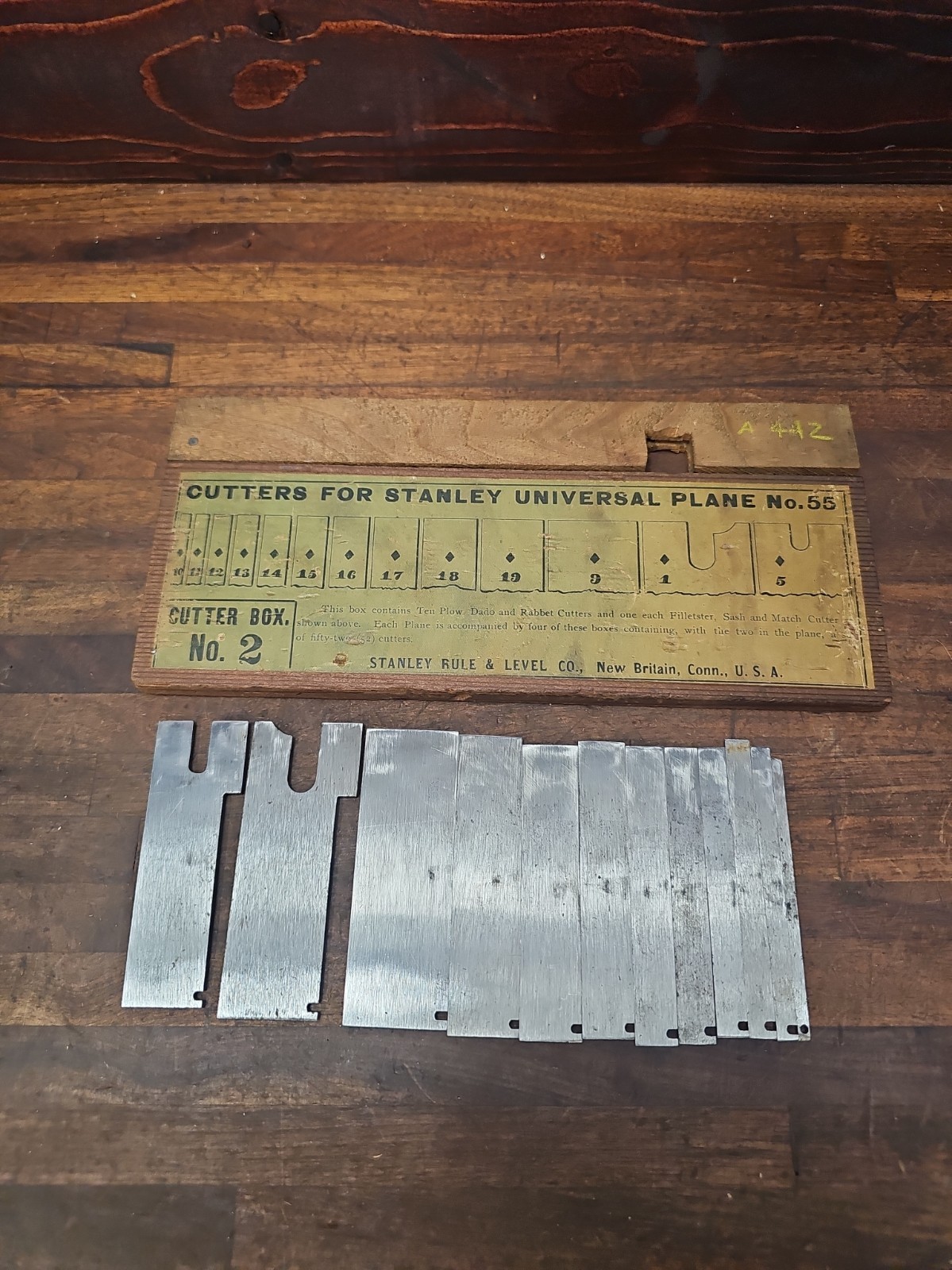 G97- Antique Stanley No. 55 Combination Plane Cutters Box # 2