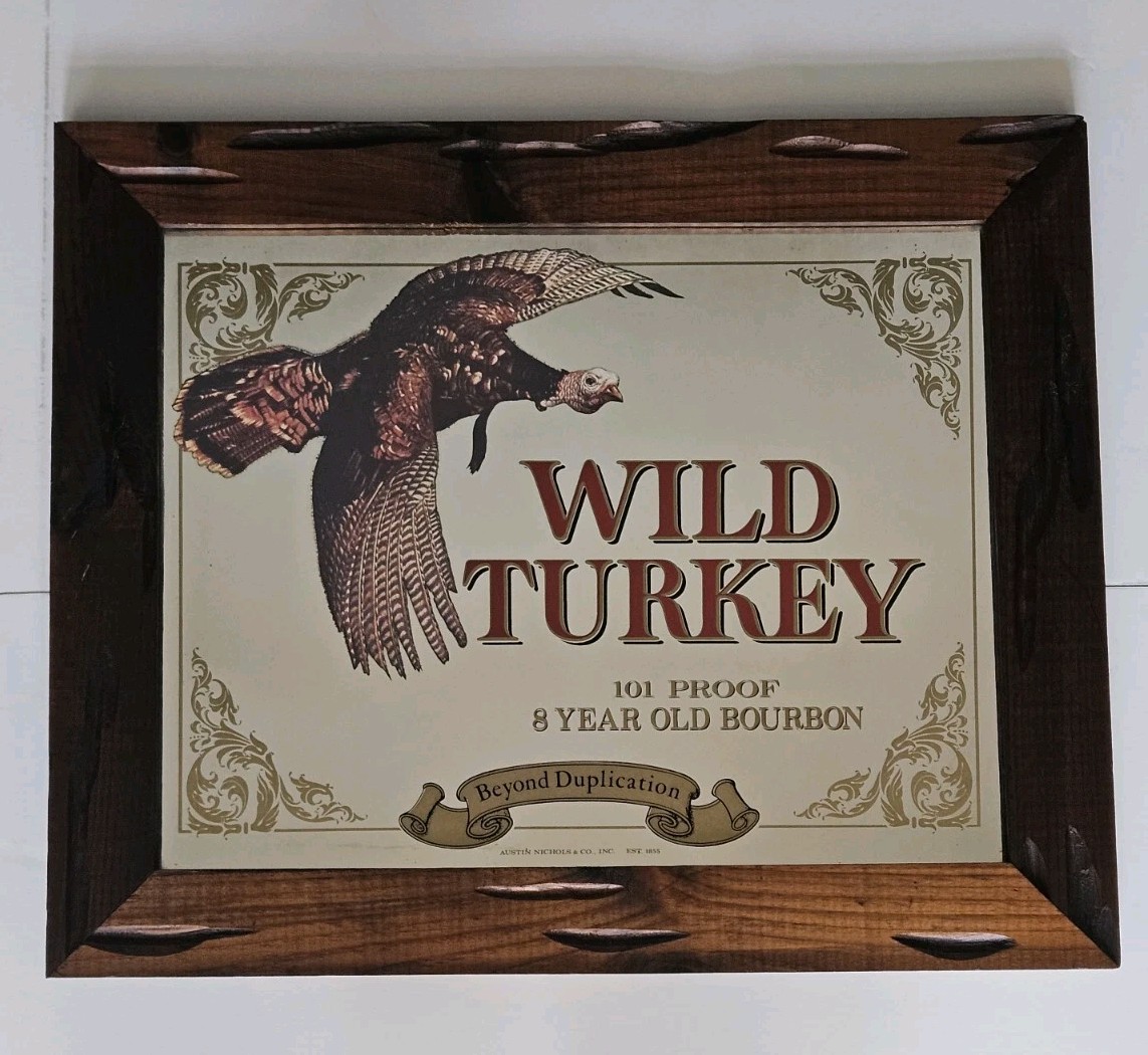 Vintage Wild Turkey Bourbon Whiskey Bar Mirror 101 Proof 8 Years Aged Wood Frame