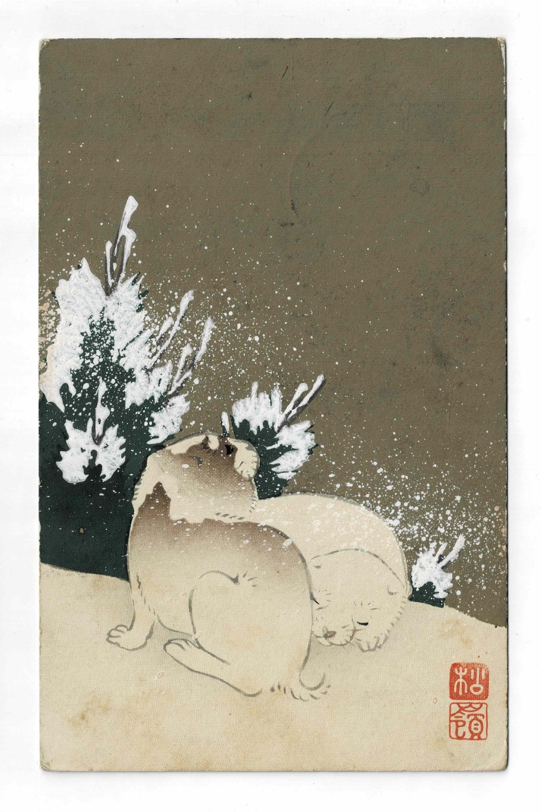 Antique Japanese Woodblock Postcard Two Dogs Snow Winter Meiji 1907 Japan Rare