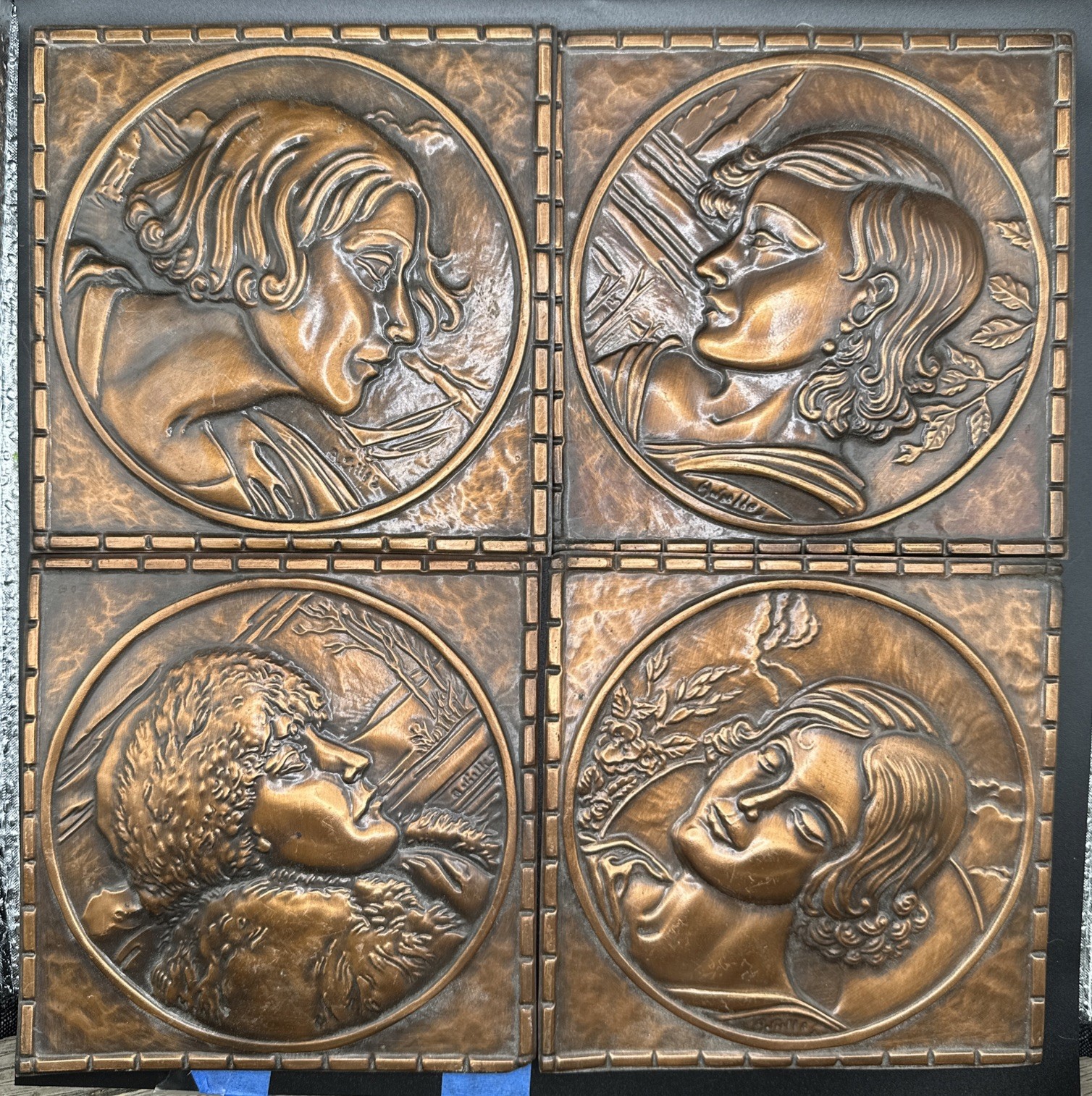 Vintage Lot of 4 A Gilles Repousse Copper Wall Tile Hangings Art Deco Ladies