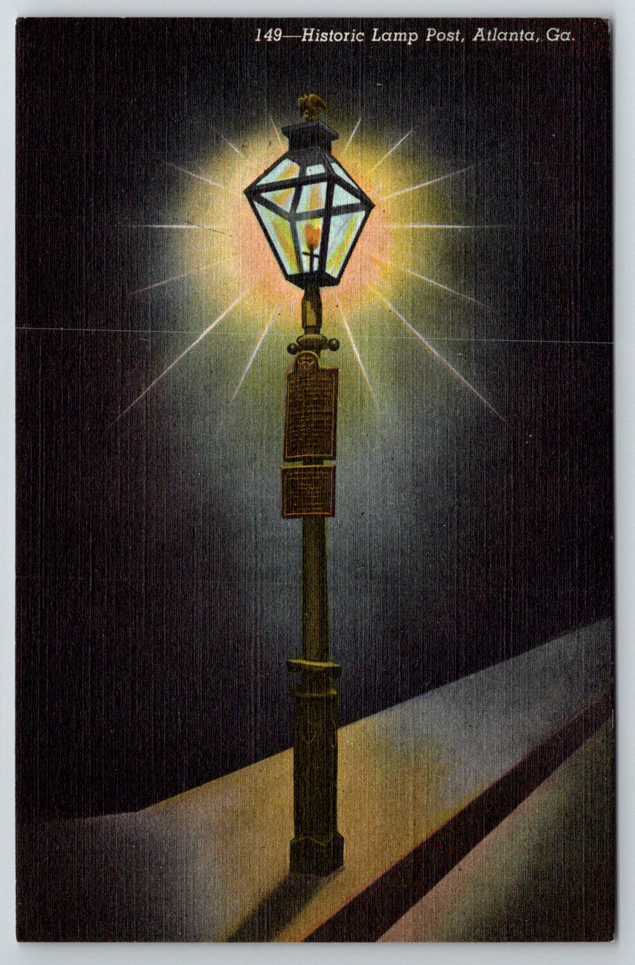 Linen Historic Lamp Post Atlanta GA Whitehall Alabama Eternal Flame c1940s