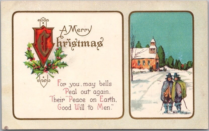 c1910s MERRY CHRISTMAS Embossed Postcard Church Scene / Pilgrim Men STECHER 251D
