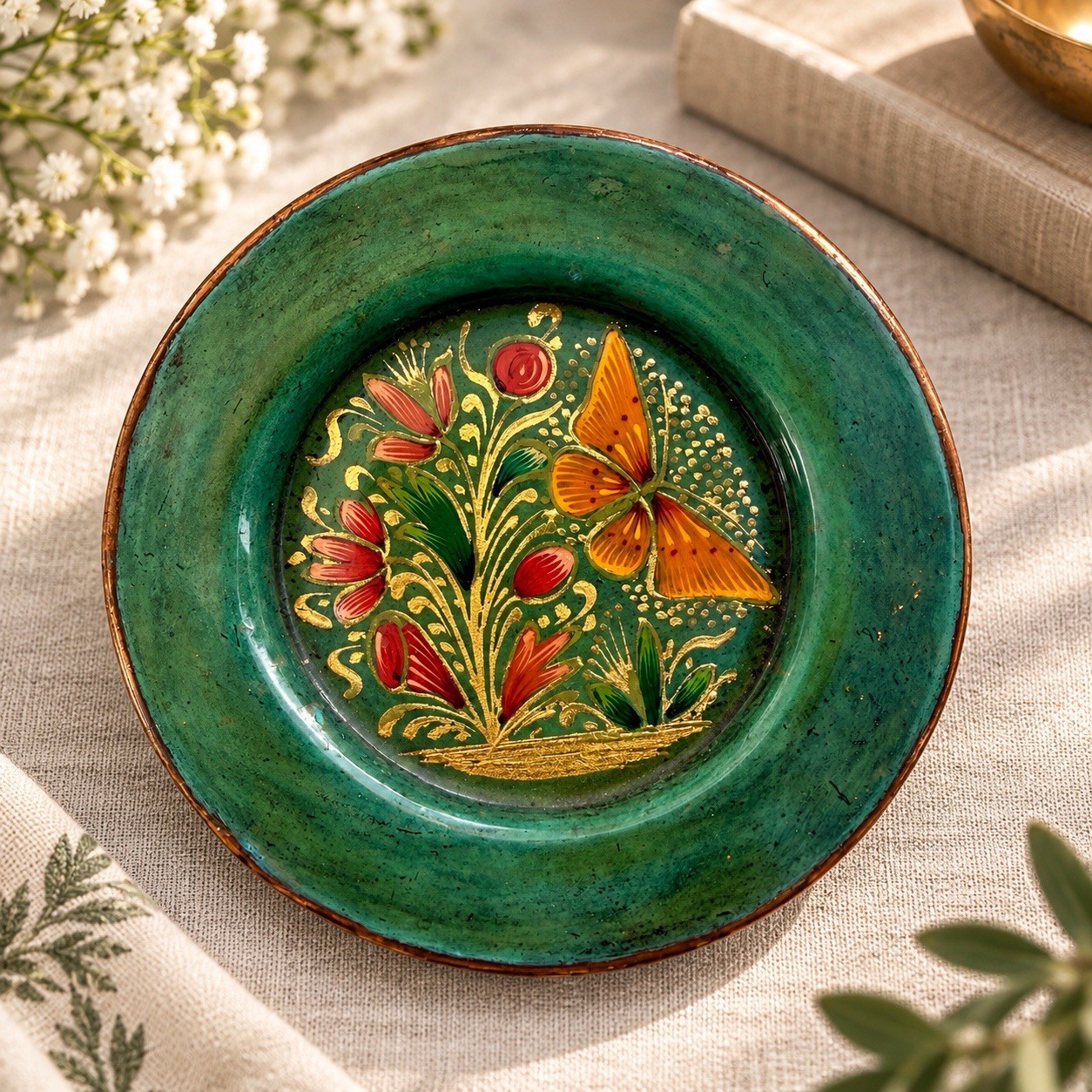 Vintage Hand Painted Enamel on Copper Dish Green Butterfly Floral Gold Accent
