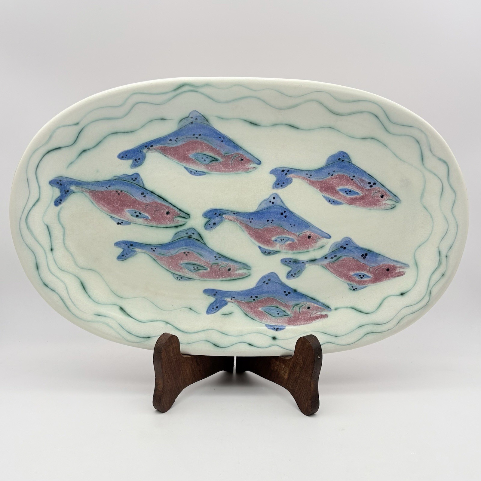 Vintage Toni & Kirby Maury Alaska Salmon Platter From 1998 Pink Teal & Blue 16”