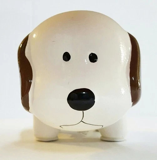 WHITE w/ BROWN MINI CERAMIC DOG PIGGY BANK LARGE SLOT COINS BILLS MONEY SAVE  