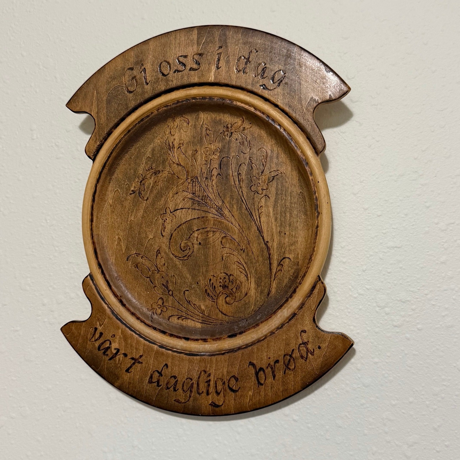 Vintage Hand Carved Norwegian Wood Bread Plate Give Us This Day Wall Decor