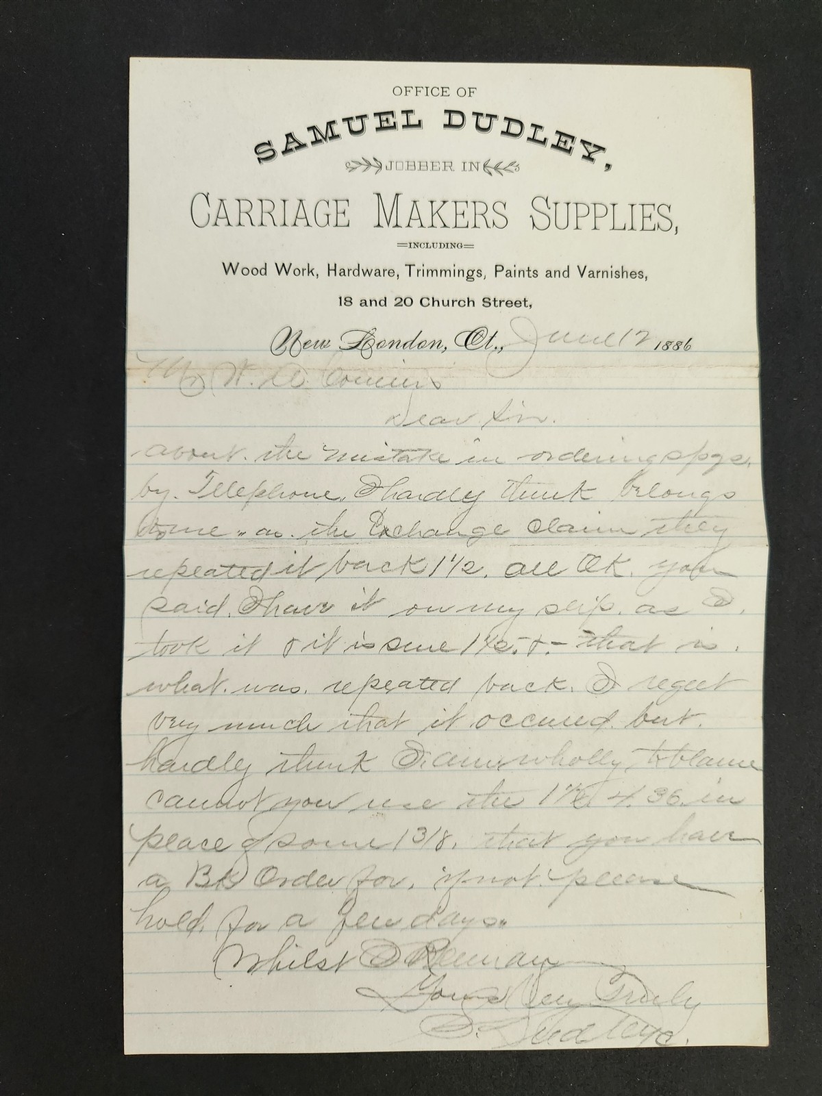 1886 antique SAMUEL DUDLEY CARRIAGE MAKERS SUPPLIES new london ct LETTERHEAD