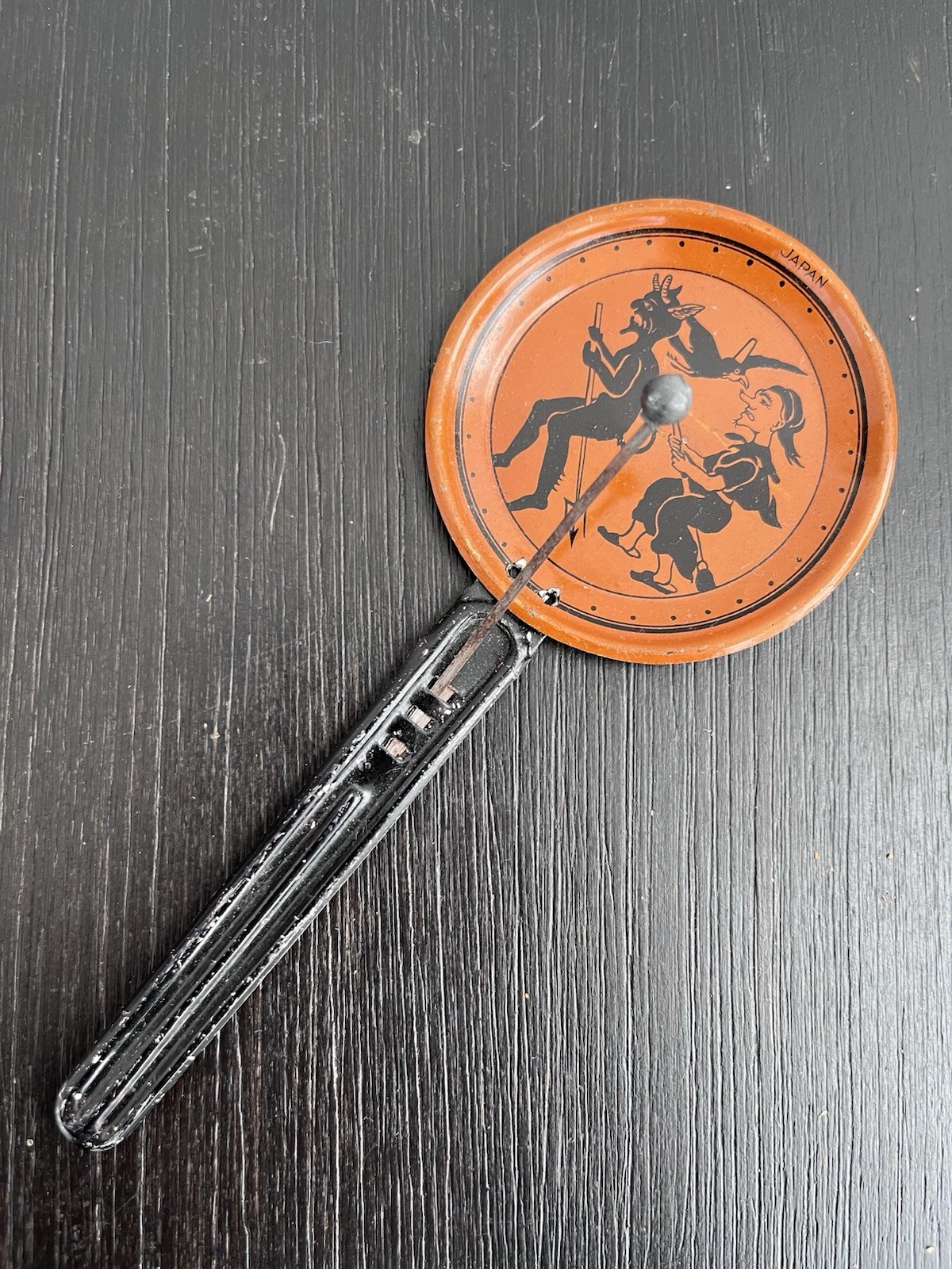 Vintage Halloween 1920s Japan Tin Clanger Noisemaker Witch Devil Crow
