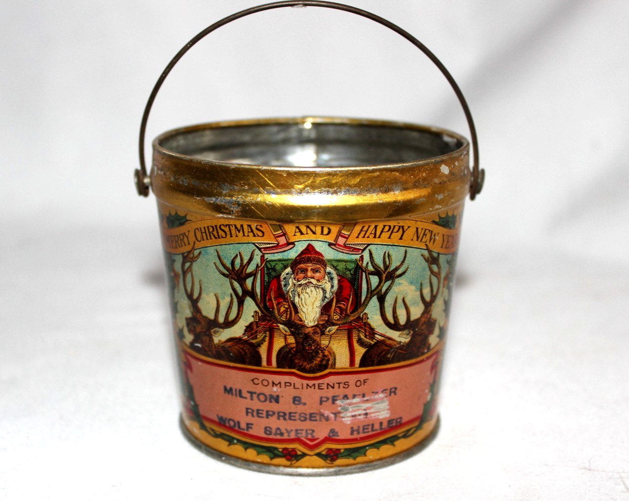 Antique Santa Reindeer Miniature CANDY TIN Pail vintage MERRY CHRISTMAS Antique Santa Reindeer Miniature CANDY TIN Pail vintage MERRY CHRISTMAS