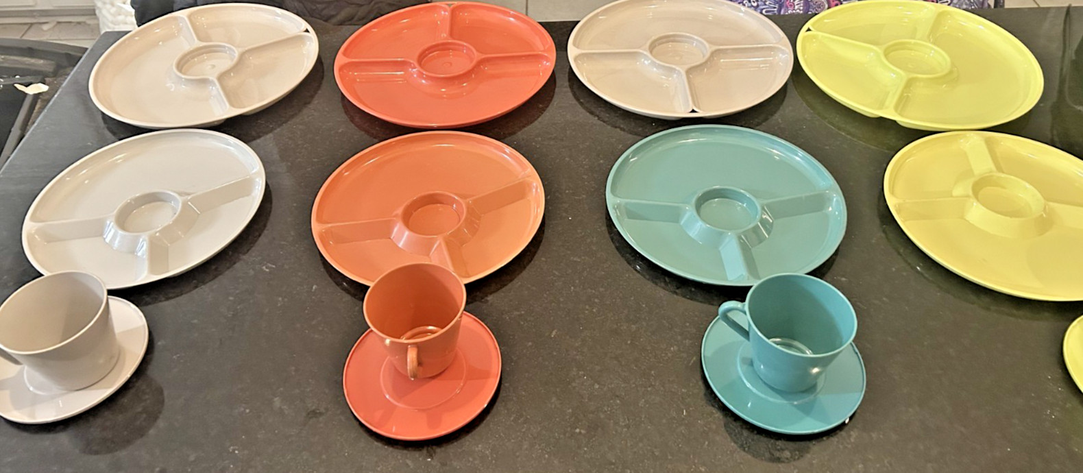Vintage MCM Plastic Pates and cups:Arvin, Regal Line, and Colonial Plastics