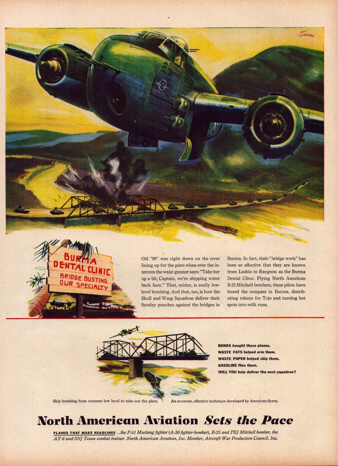 1945 North American Aviation Print Ad WWII Bombs Battle Burma War Bonds
