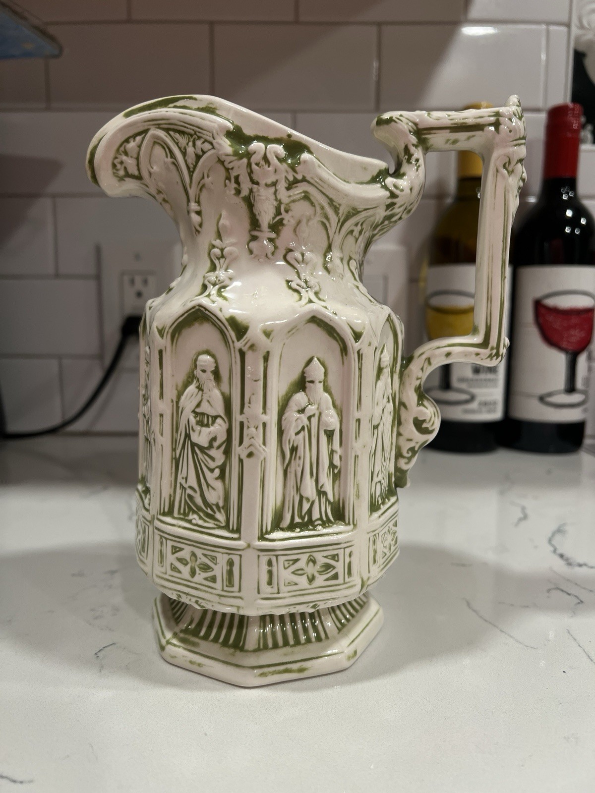1973 APOSTLES Jug Pitcher Stoneware Green White Charles Meigh Design Vintage