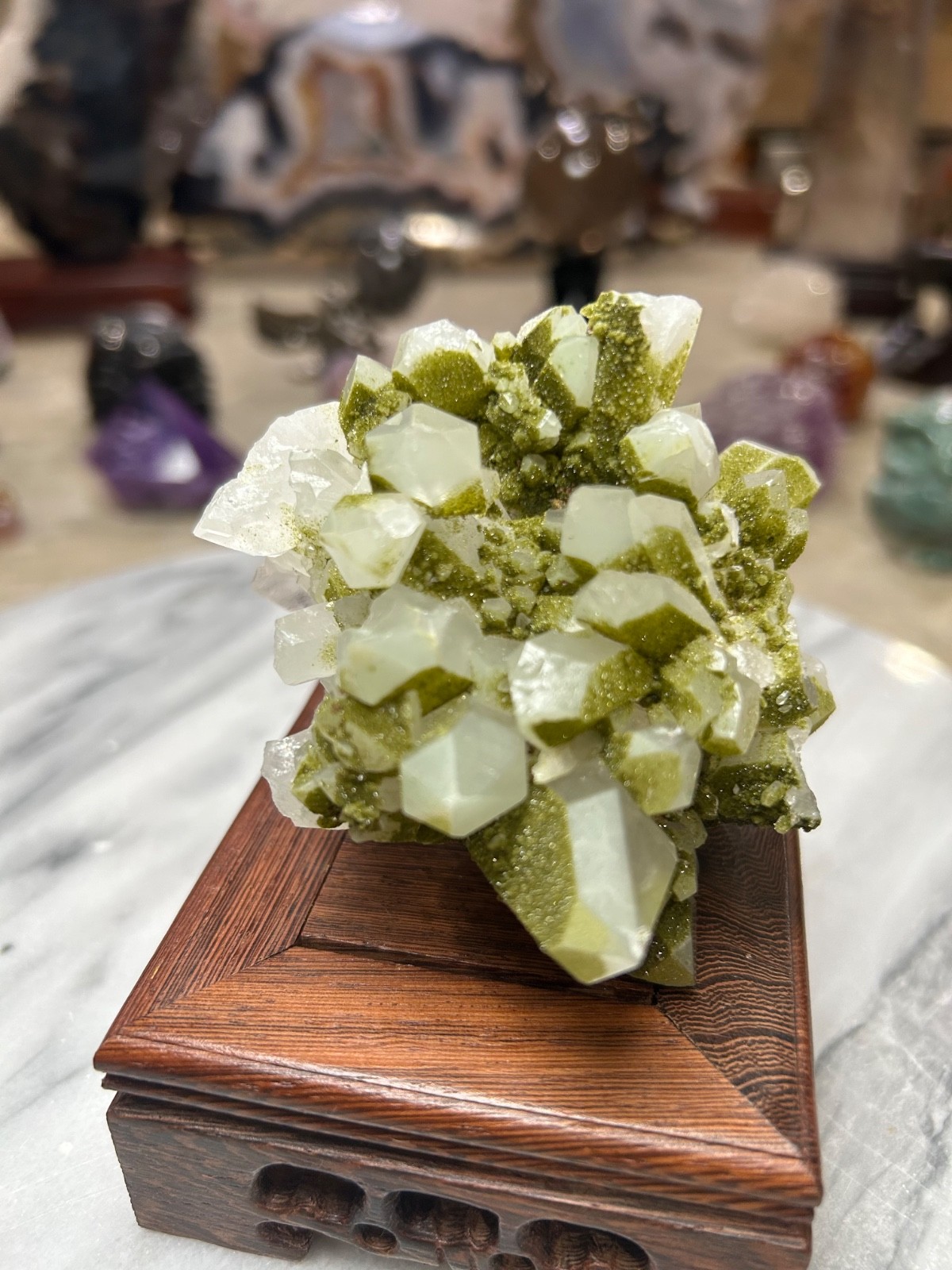 Druzy Epidote on quartz crystals cluster from Hakkari Turkey with stand