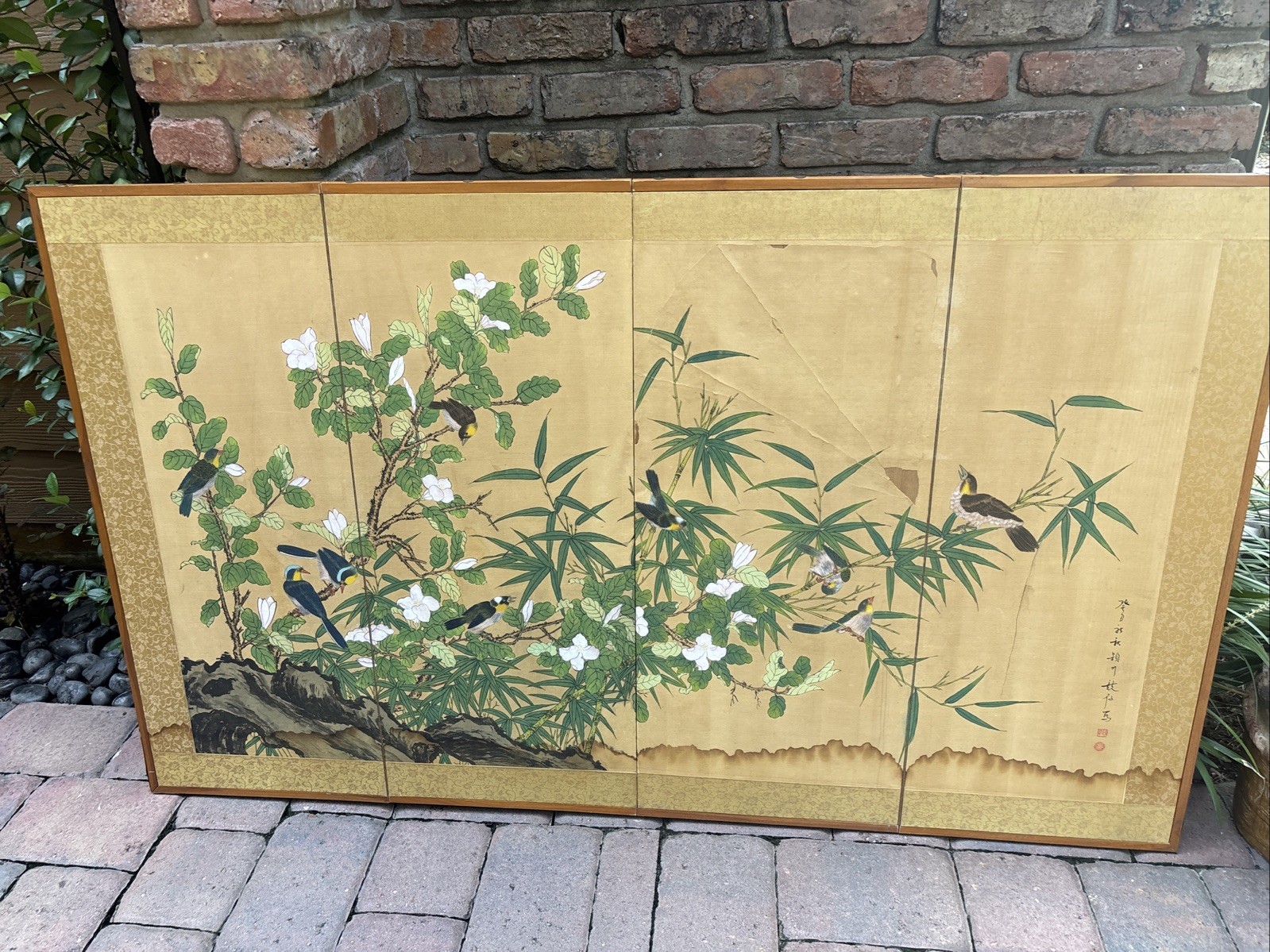 Vintage Japanese Byobu 4 Panel Folding Screen Flowers Birds. READ DESCRIPTION Vintage Japanese Byobu 4 Panel Folding Screen Flowers Birds. READ DESCRIPTION