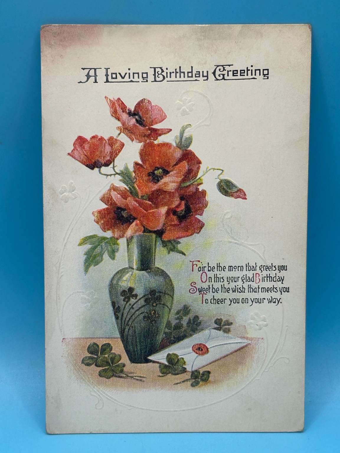 Antique Birthday Postcard Poppies Vase Shamrocks Embossed USA Early 1900s Antique Birthday Postcard Poppies Vase Shamrocks Embossed USA Early 1900s