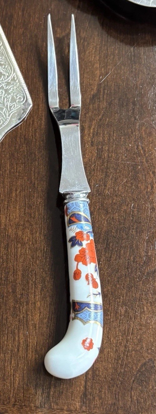 VTG PRILL Sheffield England Porcelain Handle Meat Fork Red Roses