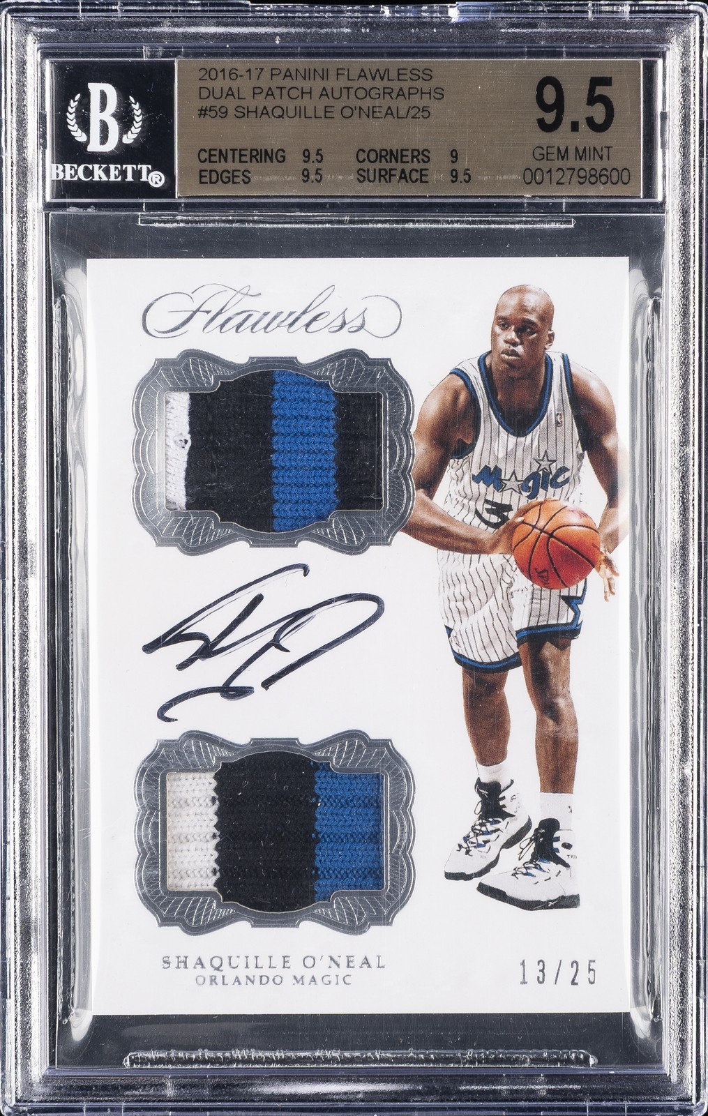 2016 PANINI FLAWLESS SHAQUILLE O\'NEAL/25 #59 DUAL PATCH AUTOGRAPHS BGS 9.5