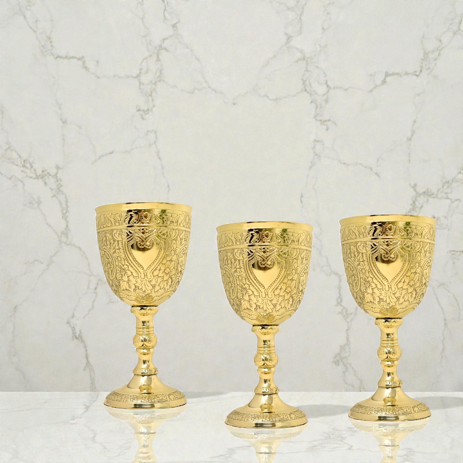 3 Pcs Set Golden Brass Chalice Goblet Handmade Embossed For Gift Cup