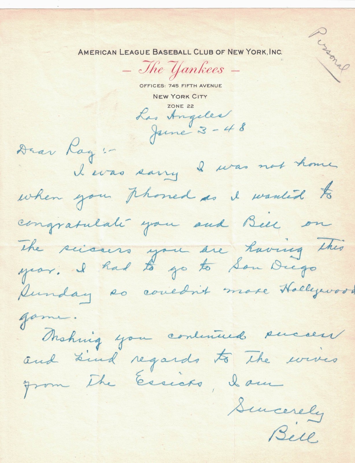 Bill Essick Signed hand-written 1948 letter on New York Yankees Letterhead