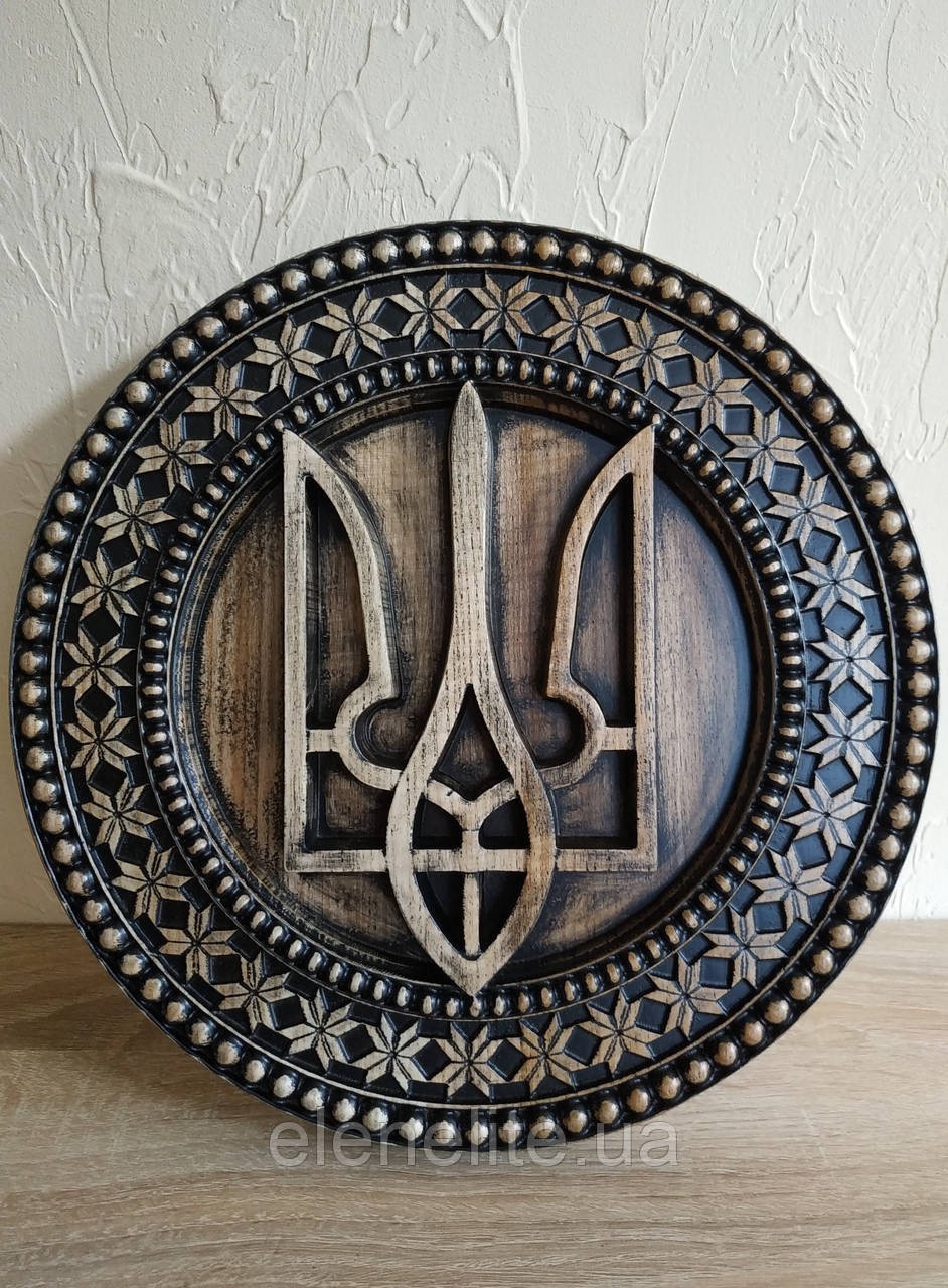Panel with the Coat of Arms of Ukraine. Trident with national symbols: Cossack Panel with the Coat of Arms of Ukraine. Trident with national symbols: Cossack